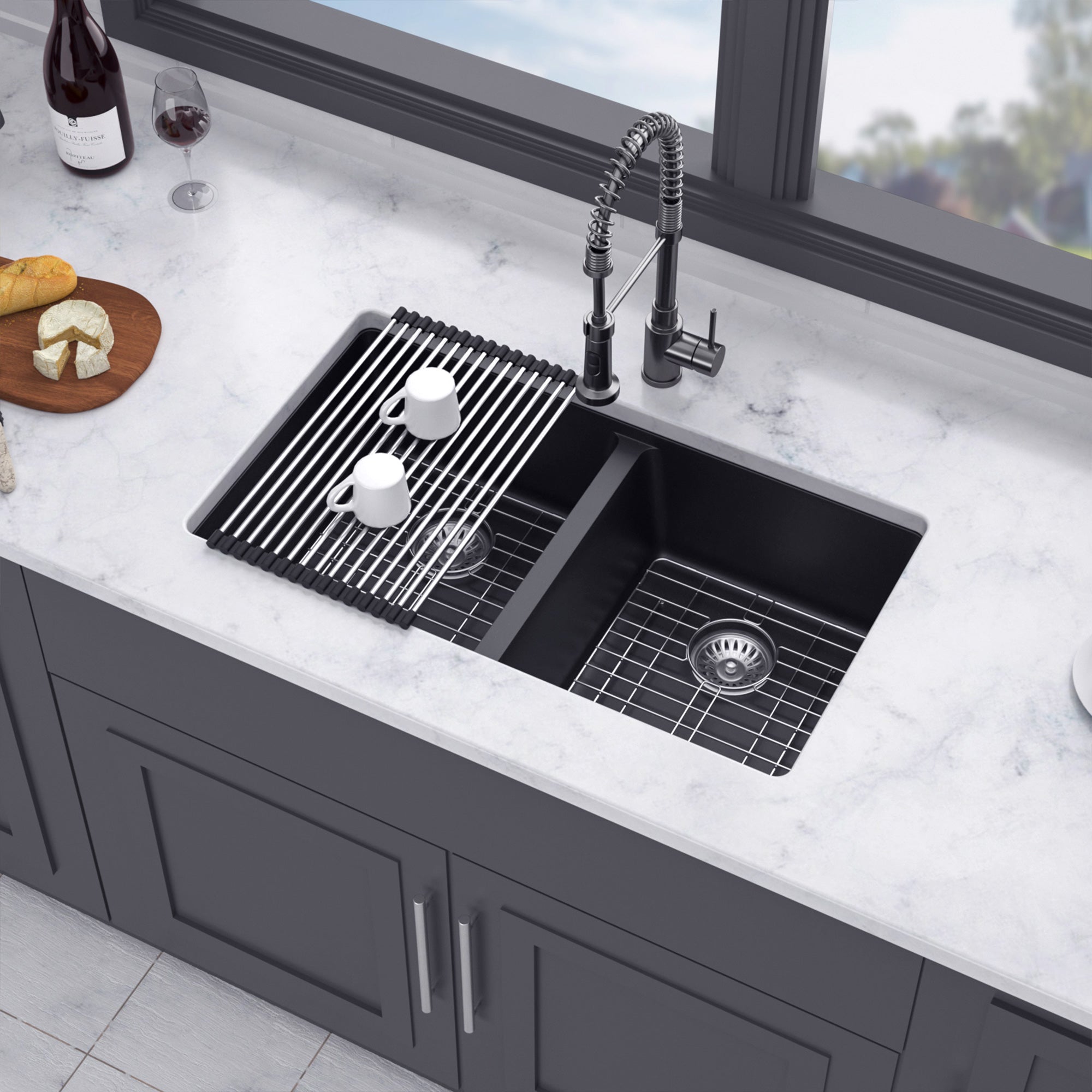 33" x 19" Drop-in Double Bowl Quartz/Granite Composite Kitchen Sink in Matte Black RX-QS05-3319B-55