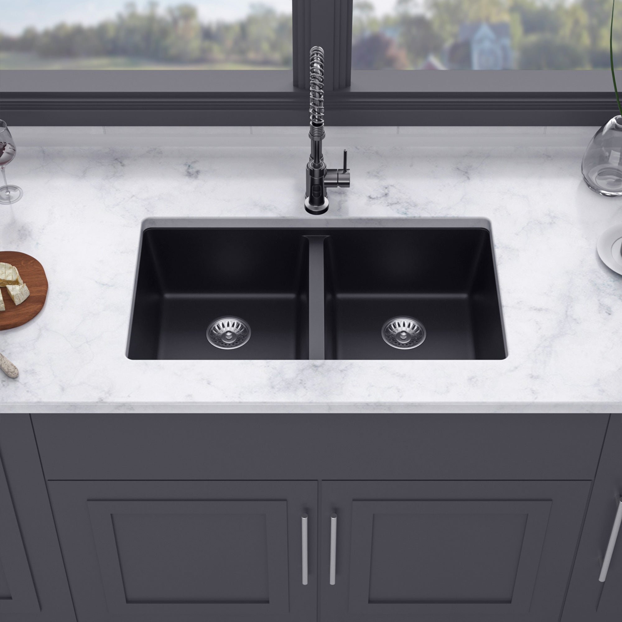 33" x 19" Drop-in Double Bowl Quartz/Granite Composite Kitchen Sink in Matte Black RX-QS05-3319B-55