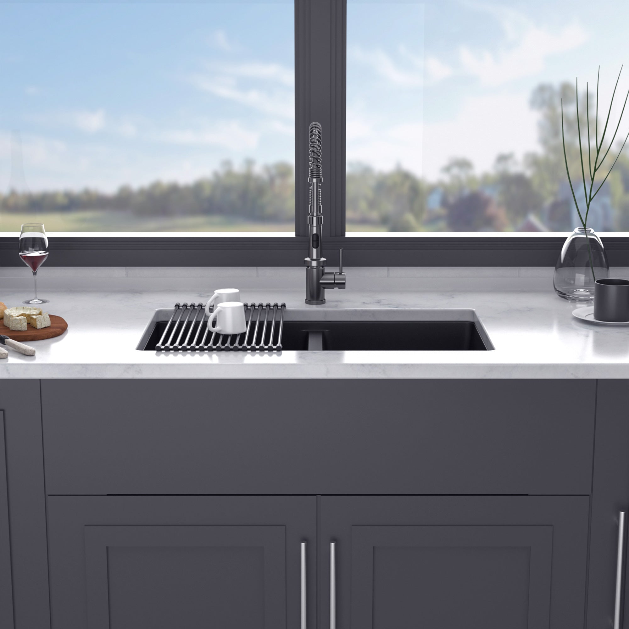 33" x 19" Drop-in Double Bowl Quartz/Granite Composite Kitchen Sink in Matte Black RX-QS05-3319B-55