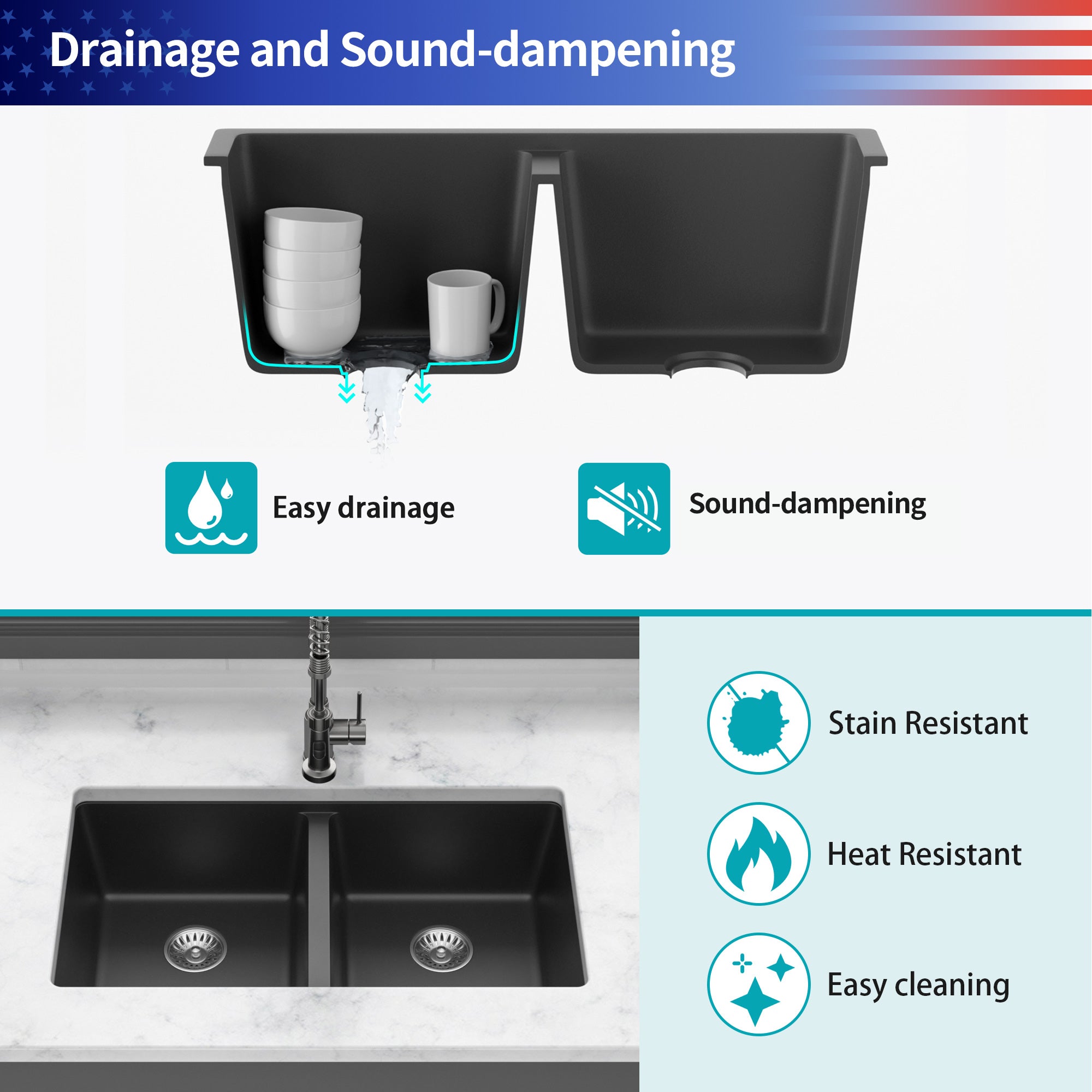 33" x 19" Drop-in Double Bowl Quartz/Granite Composite Kitchen Sink in Matte Black RX-QS05-3319B-55