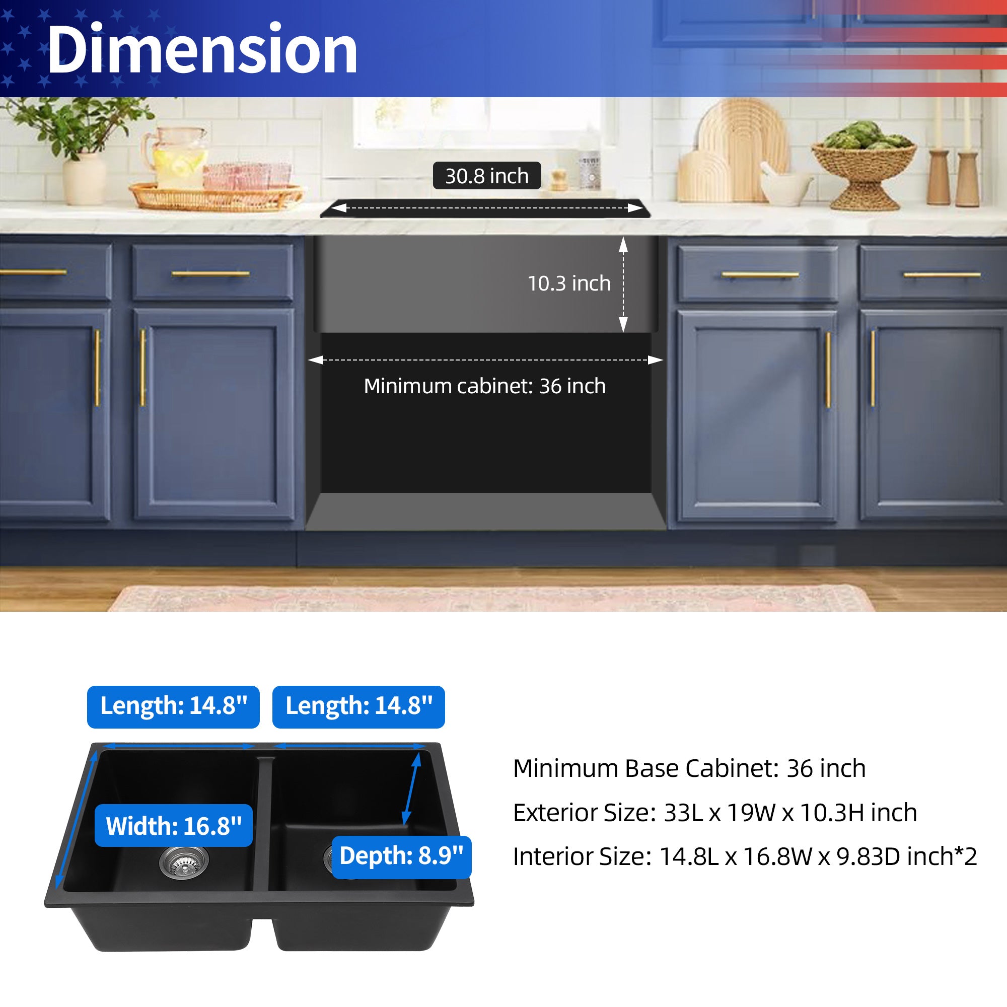 33" x 19" Drop-in Double Bowl Quartz/Granite Composite Kitchen Sink in Matte Black RX-QS05-3319B-55