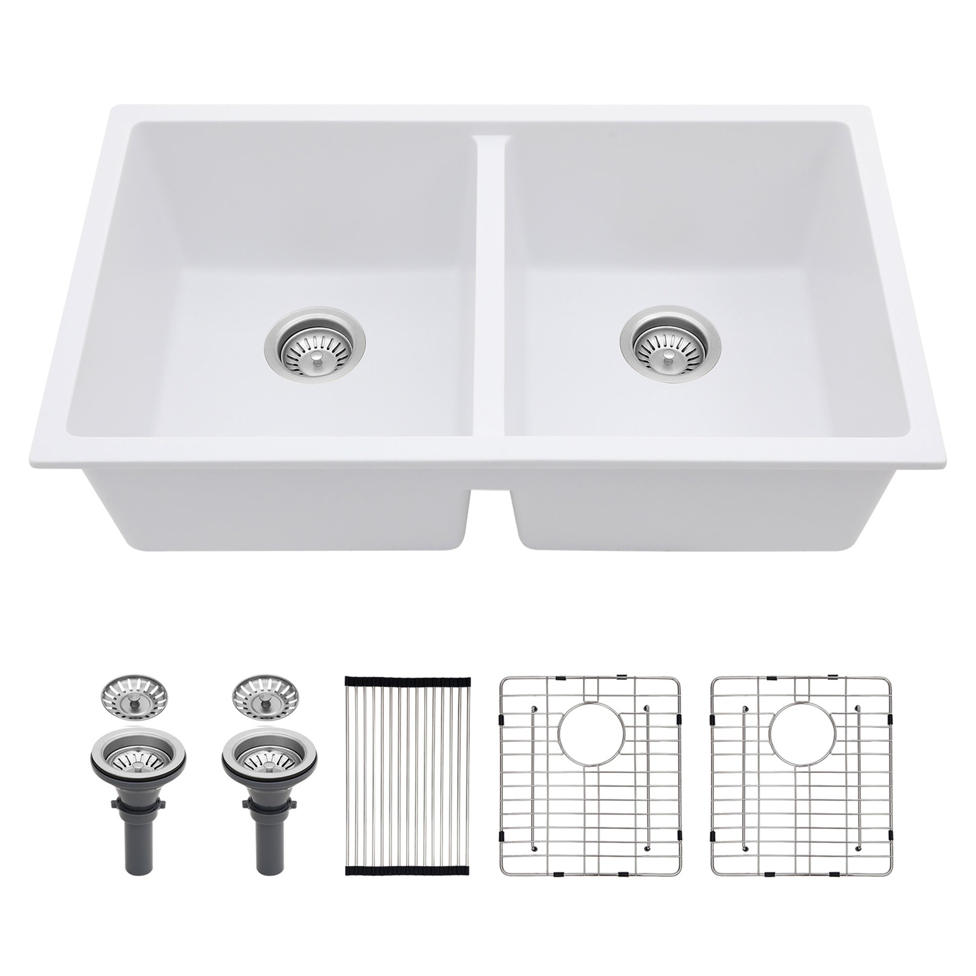33" x 19" Drop-In Double Bowl Quartz Composite Kitchen Sink, Matte White
