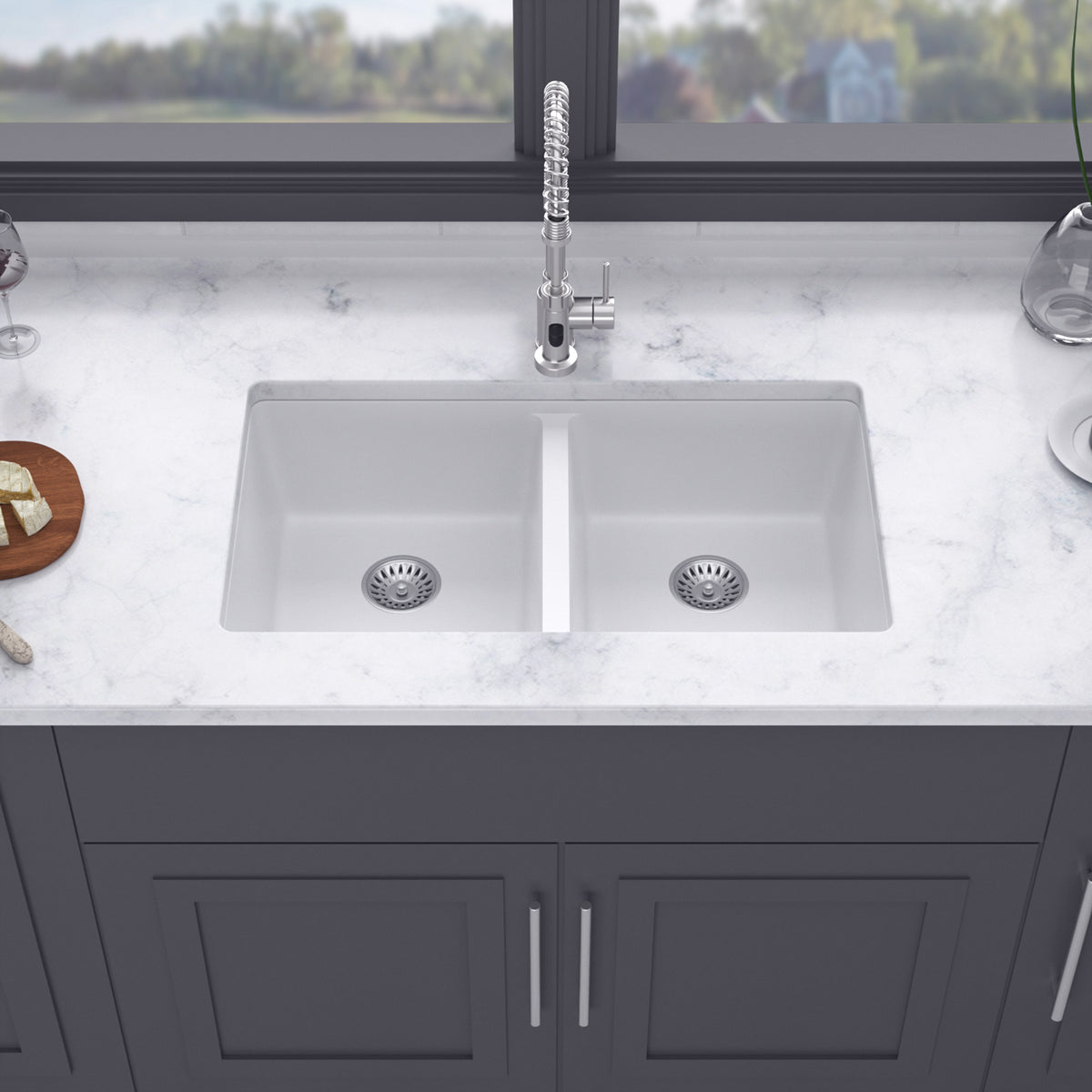 33" x 19" Drop-In Double Bowl Quartz Composite Kitchen Sink, Matte White