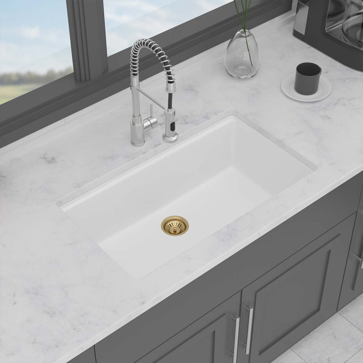 RAINLEX 33 in. Undermount Single Bowl Quartz Composite Sink in White