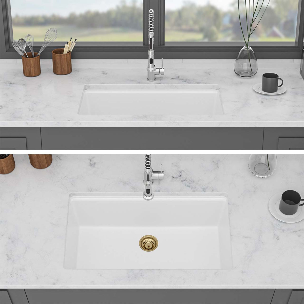 RAINLEX 33 in. Undermount Single Bowl Quartz Composite Sink in White