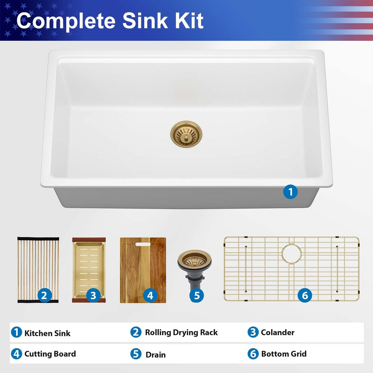 RAINLEX 33 in. Undermount Single Bowl Quartz Composite Sink in White