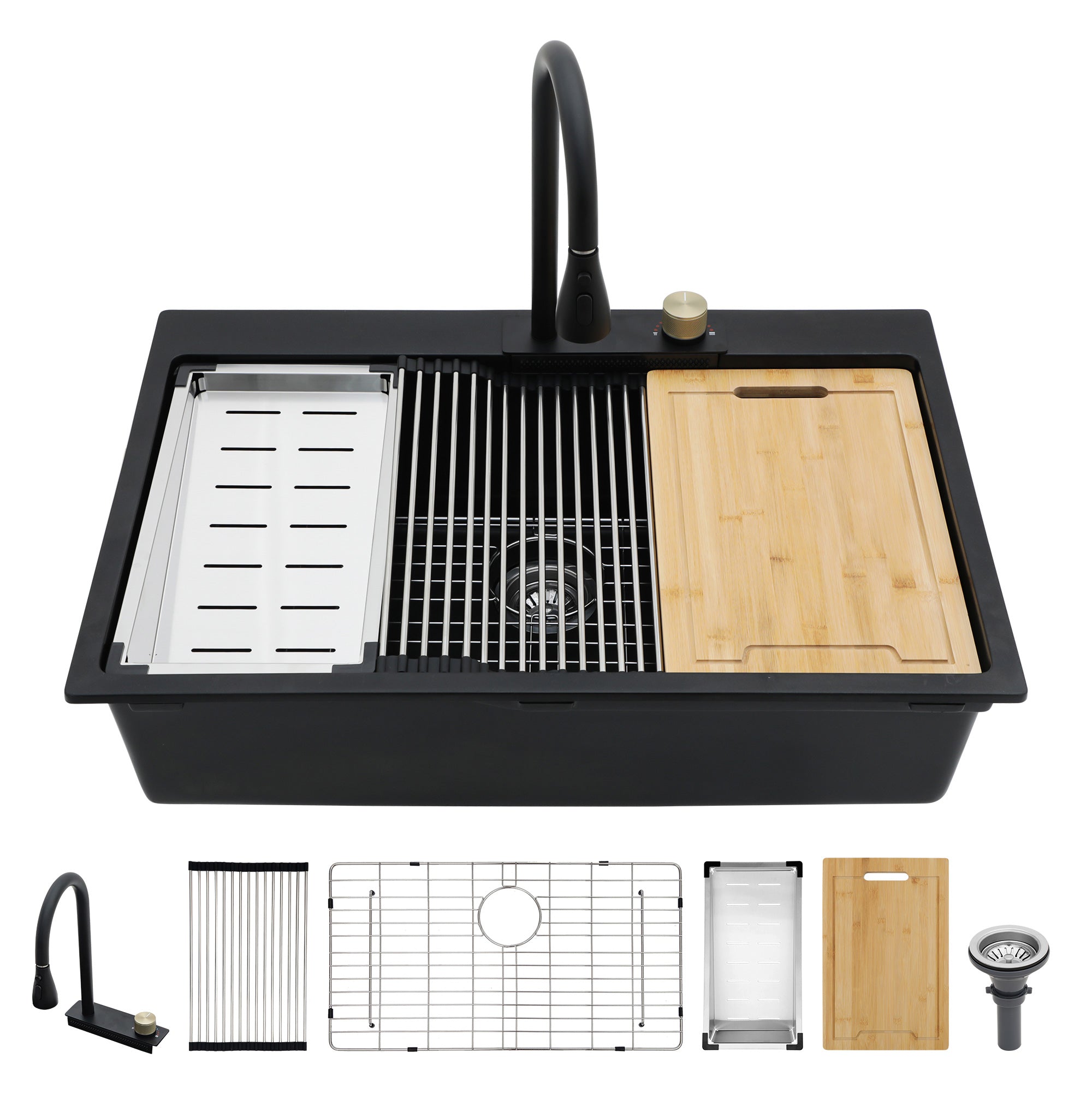 33“ x 22” Matte White Undermount Single Bowl Quartz/Granite Composite Kitchen Sink with Pull-Out Faucet RX-QS06