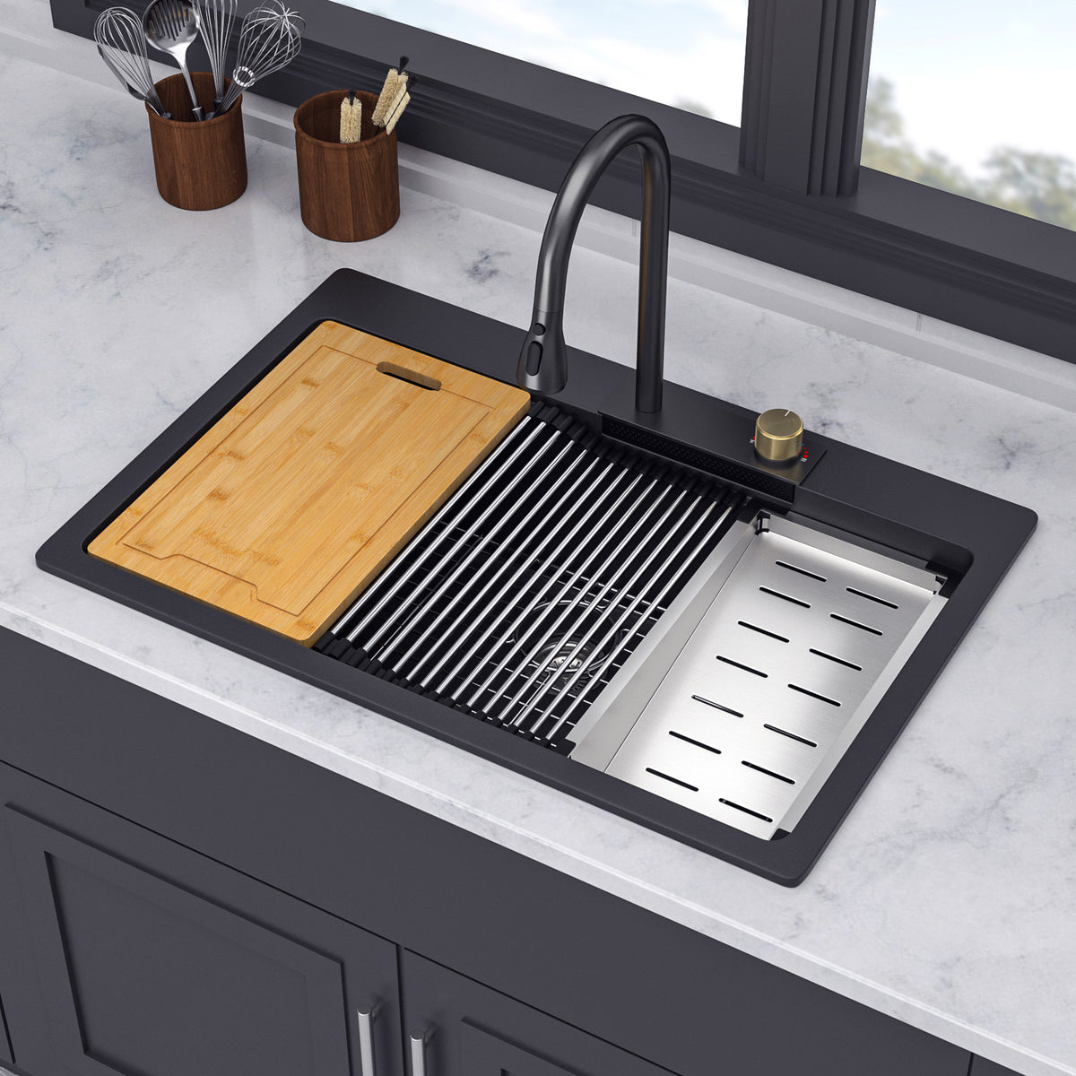 RAINLEX 33" x 22" Undermount Kitchen Sink with Pull-Out Faucet in Matte White