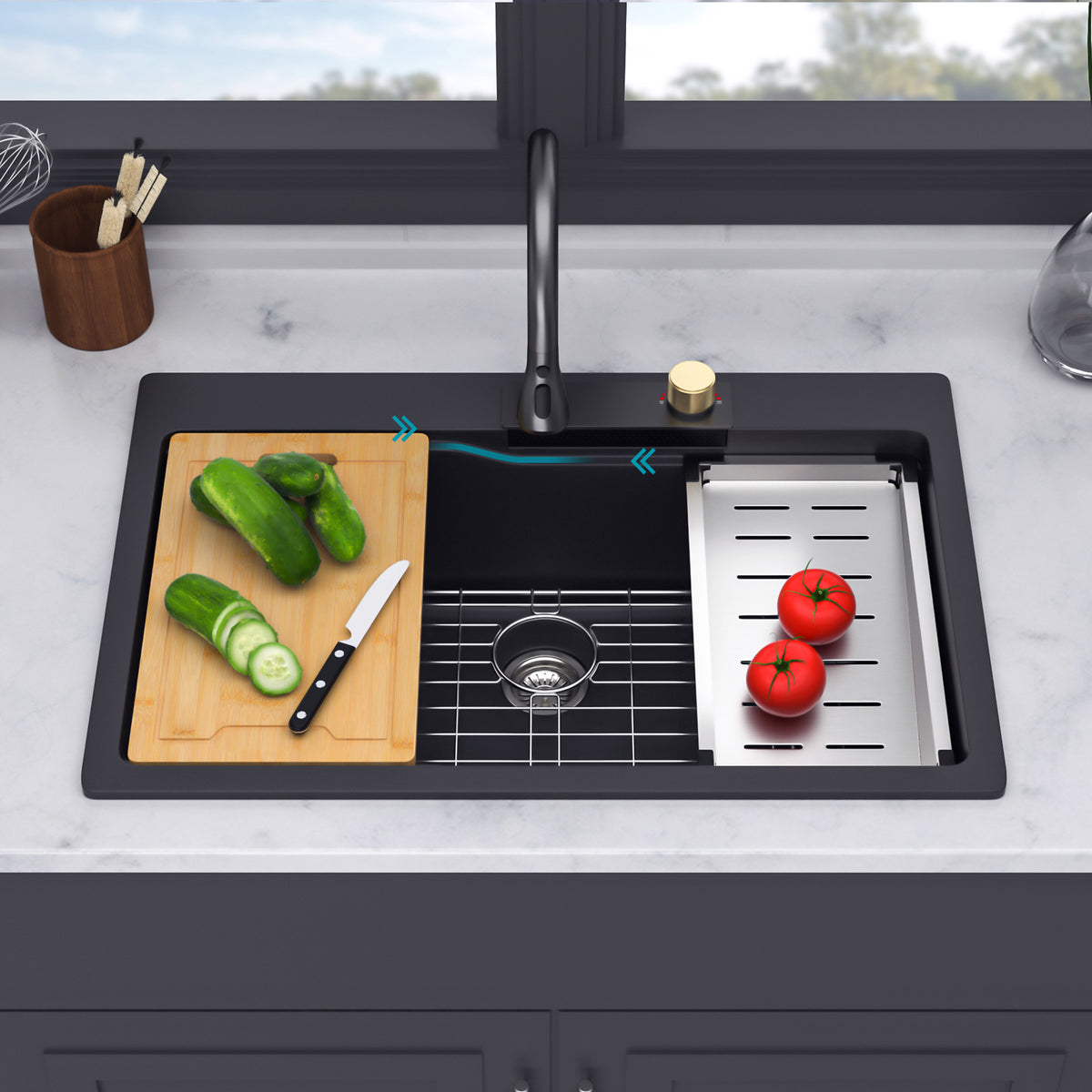RAINLEX 33" x 22" Undermount Kitchen Sink with Pull-Out Faucet in Matte White