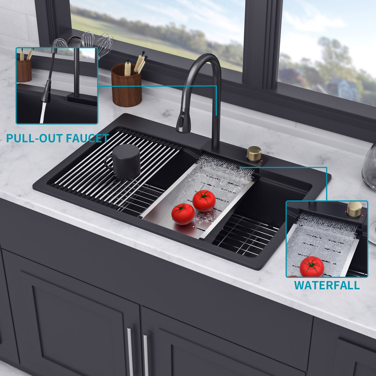 RAINLEX 33" x 22" Undermount Kitchen Sink with Pull-Out Faucet in Matte White