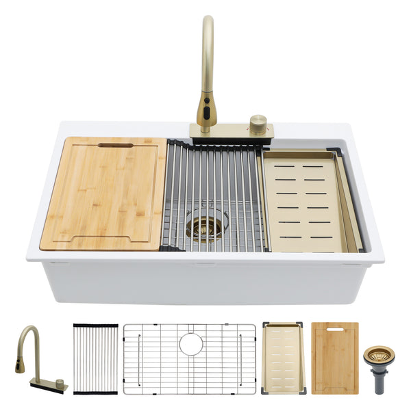 33“ x 22” Matte White Undermount Single Bowl Quartz/Granite Composite Kitchen Sink with Pull-Out Faucet RX-QS06