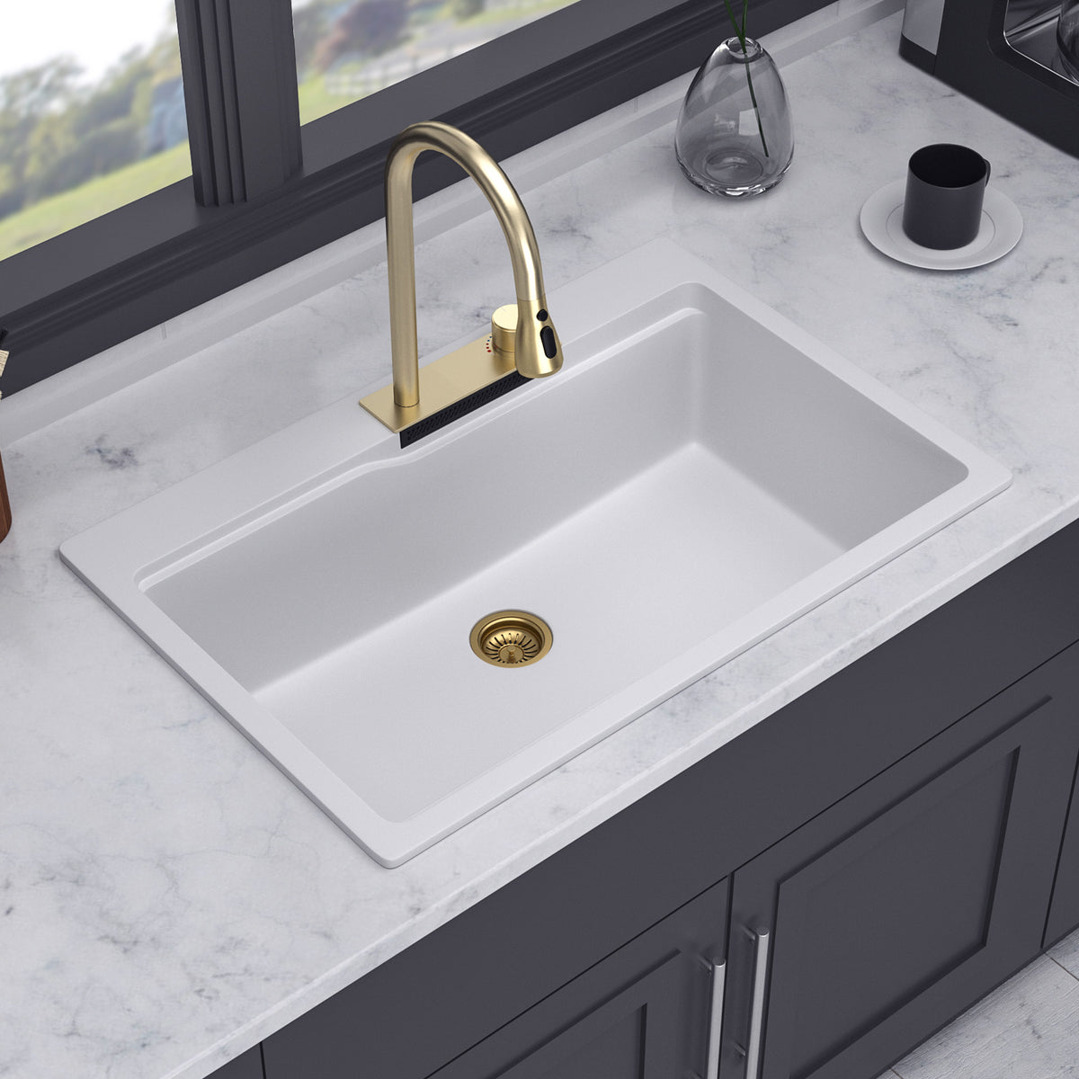 RAINLEX 33" x 22" Undermount Kitchen Sink with Pull-Out Faucet in Matte White
