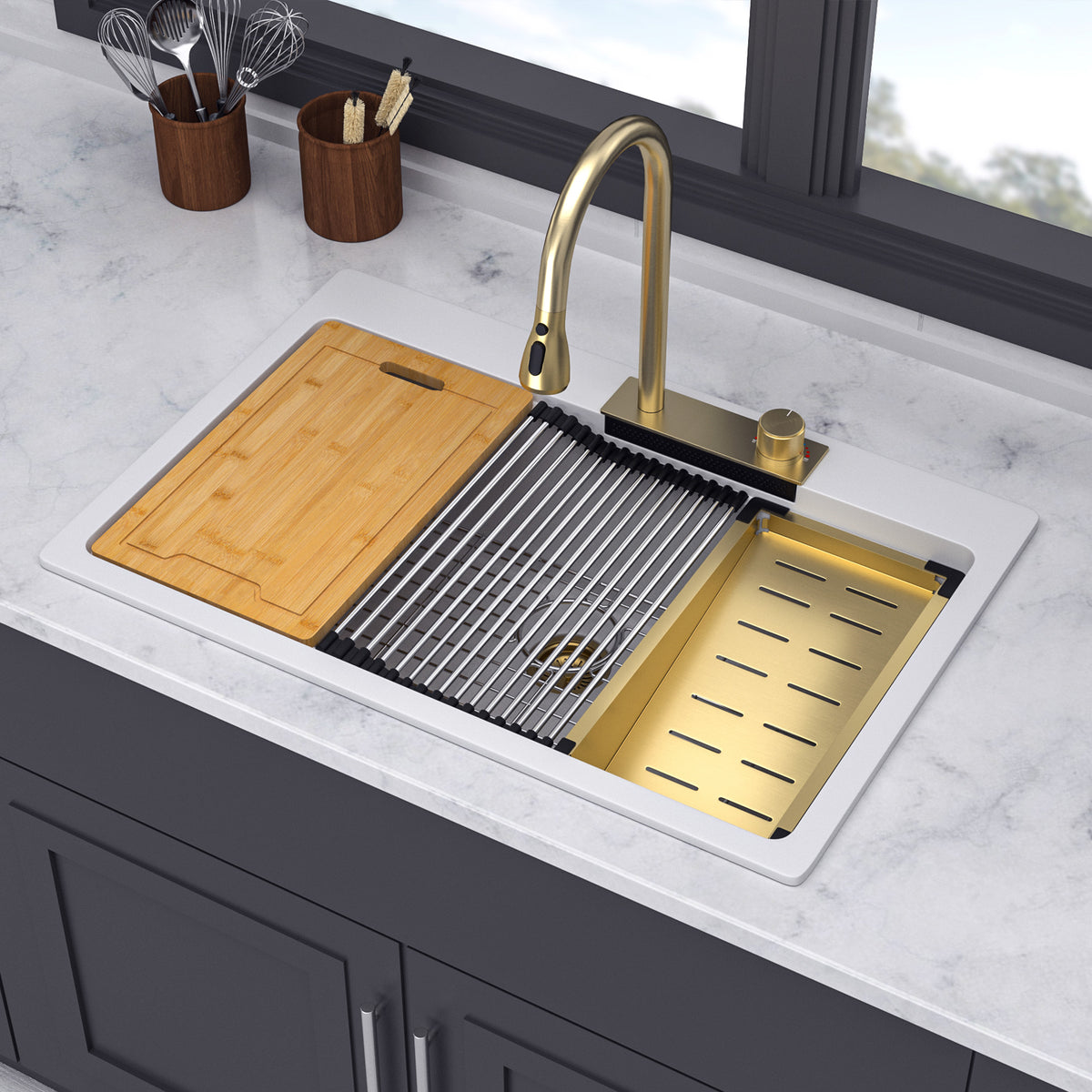RAINLEX 33" x 22" Undermount Kitchen Sink with Pull-Out Faucet in Matte White
