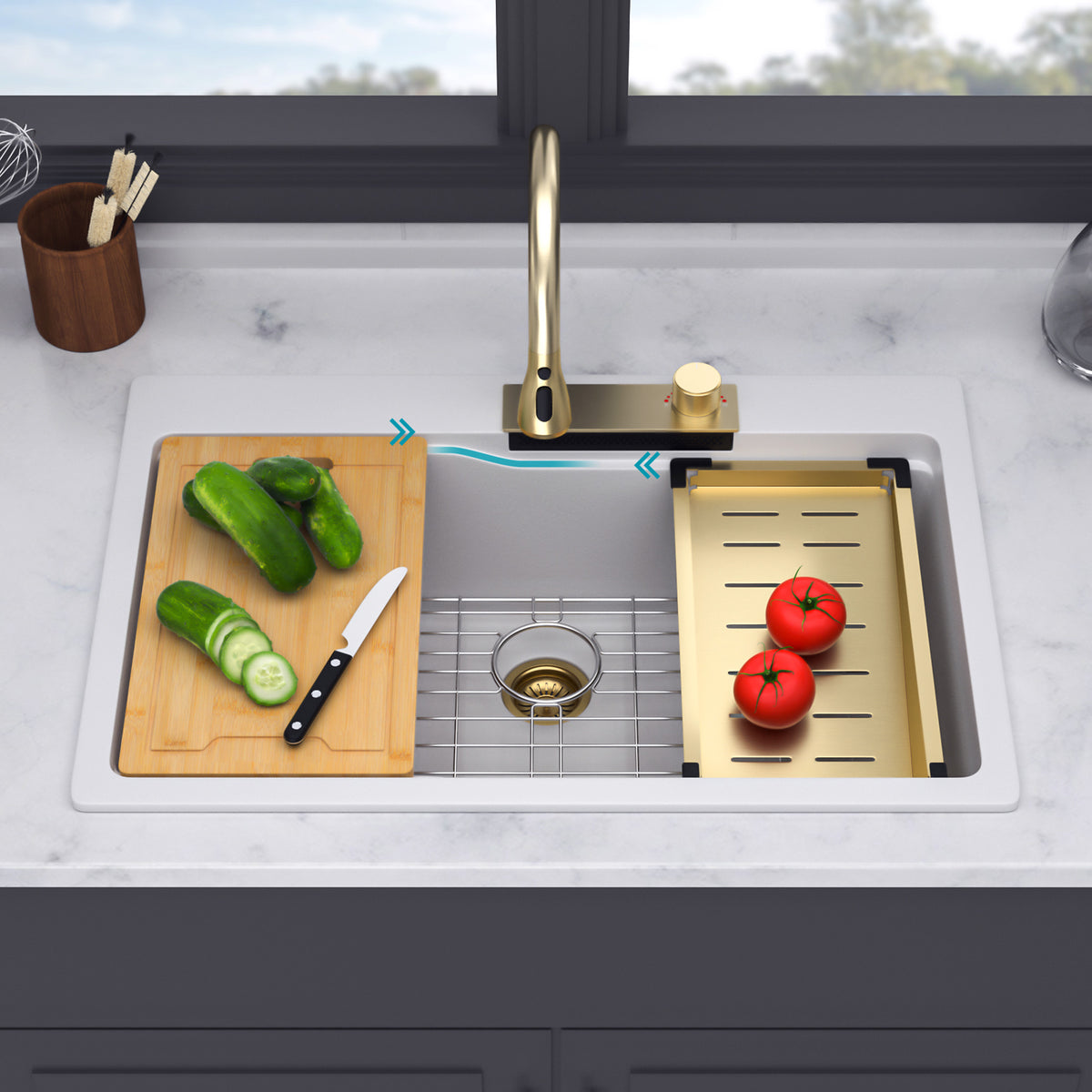 RAINLEX 33" x 22" Undermount Kitchen Sink with Pull-Out Faucet in Matte White