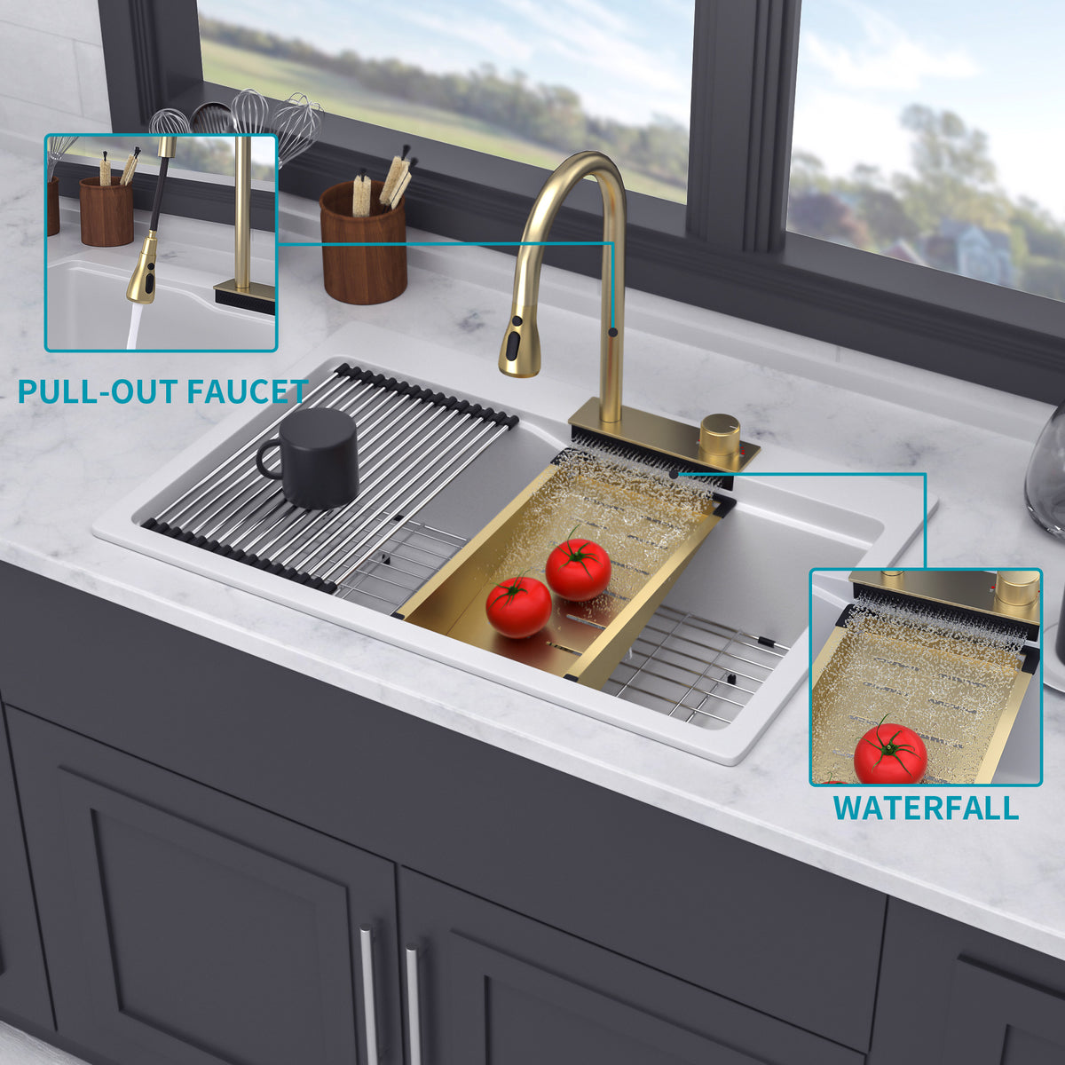 RAINLEX 33" x 22" Undermount Kitchen Sink with Pull-Out Faucet in Matte White