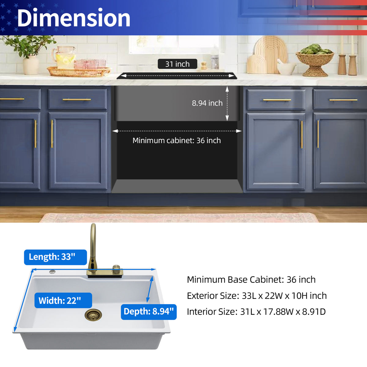 RAINLEX 33" x 22" Undermount Kitchen Sink with Pull-Out Faucet in Matte White