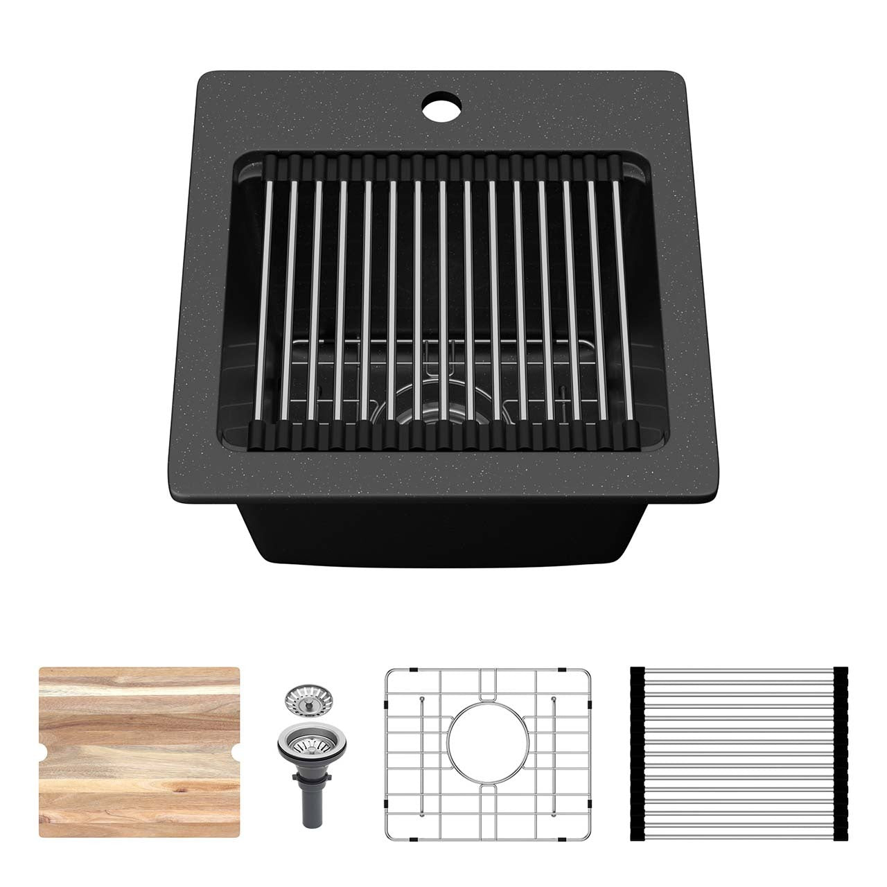 15" Topmount Single Bowl Quartz Composite Bar Sink, Black