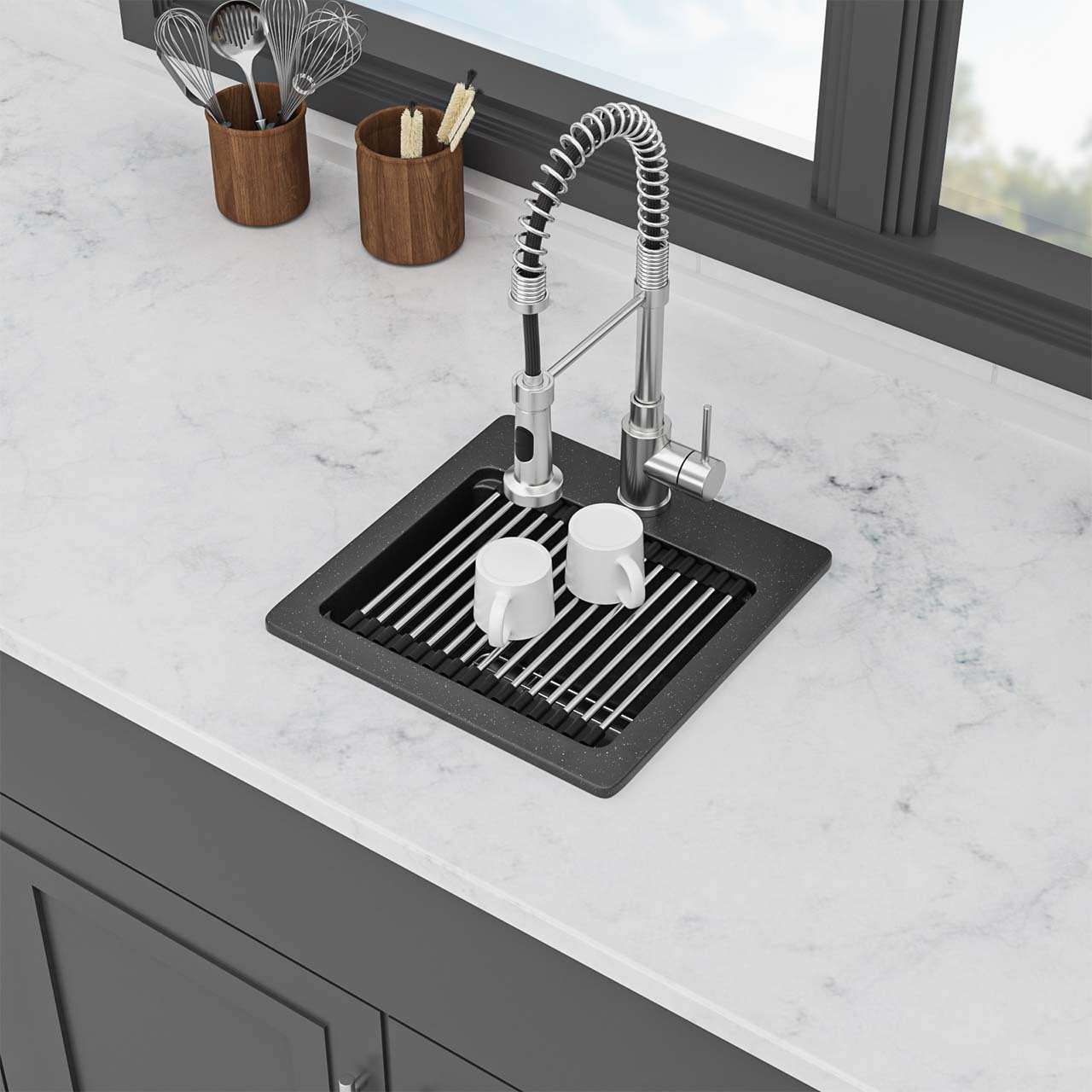 15" Topmount Single Bowl Quartz Composite Bar Sink, Black