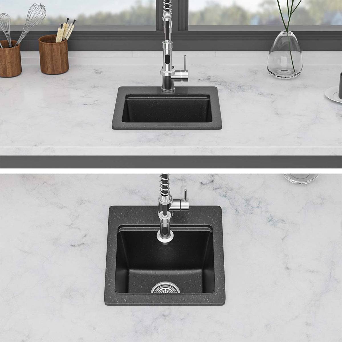 RAINLEX 15 in. Topmount Single Bowl Quartz Composite Bar Sink in Black