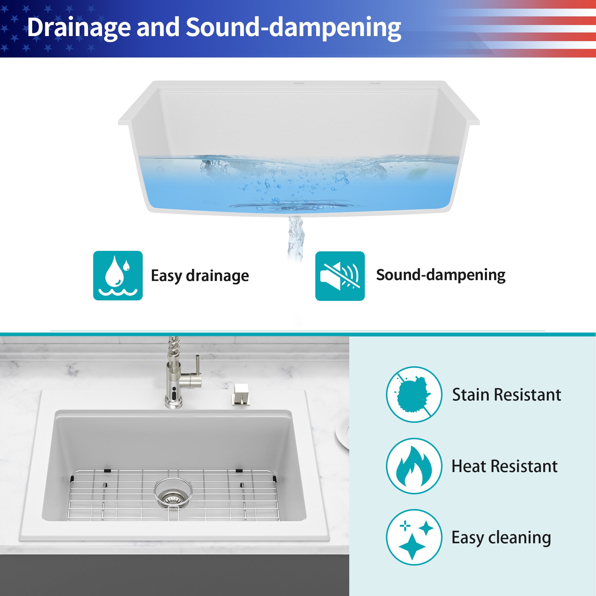 30“ x 22” Matte White Undermount Single Bowl Quartz/Granite Composite Kitchen Sink RX-QS07-3022W