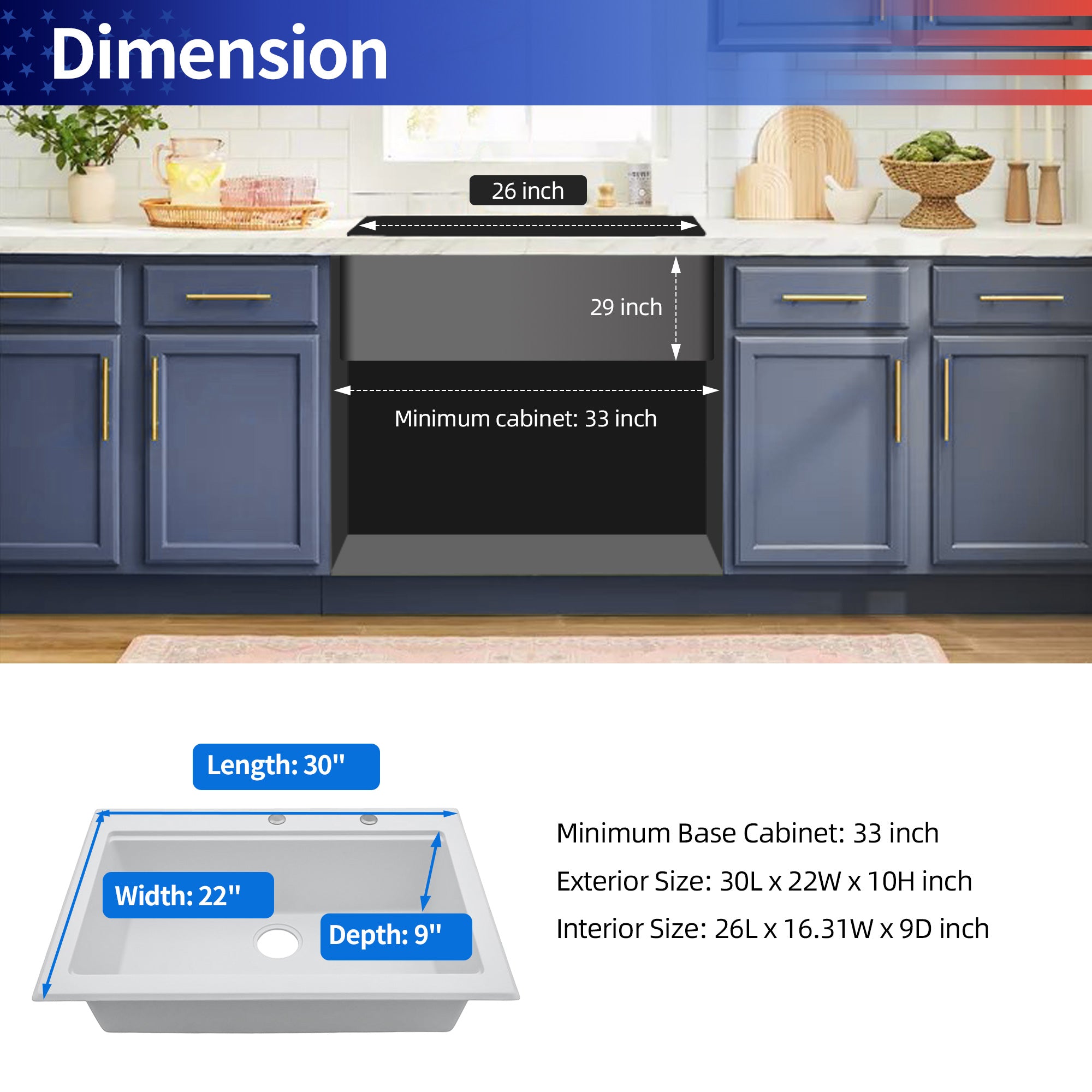 30“ x 22” Matte White Undermount Single Bowl Quartz/Granite Composite Kitchen Sink RX-QS07-3022W