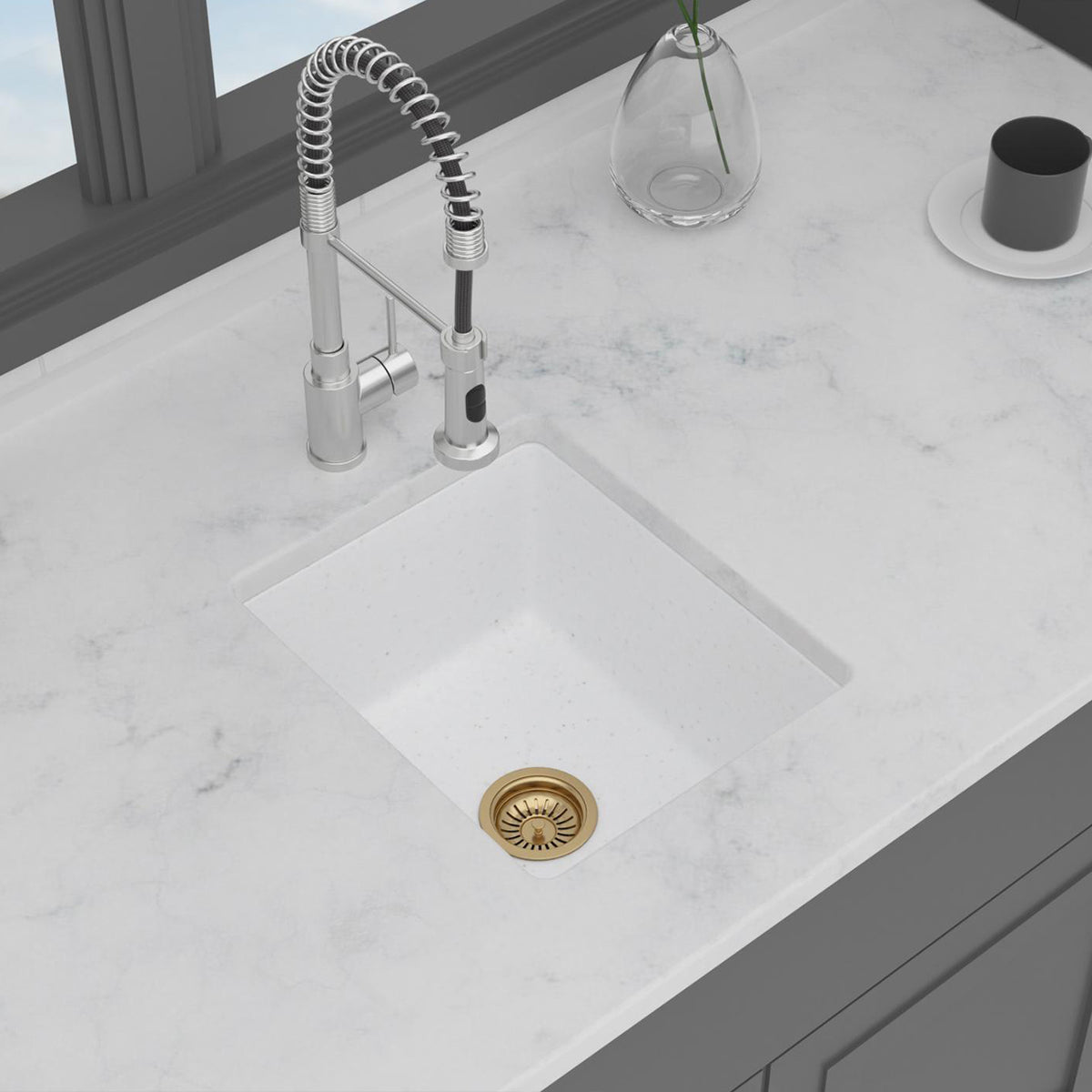 RAINLEX White Quartz Composite Undermount Kitchen Sink, Single Bowl Granite Composite Prep Sink