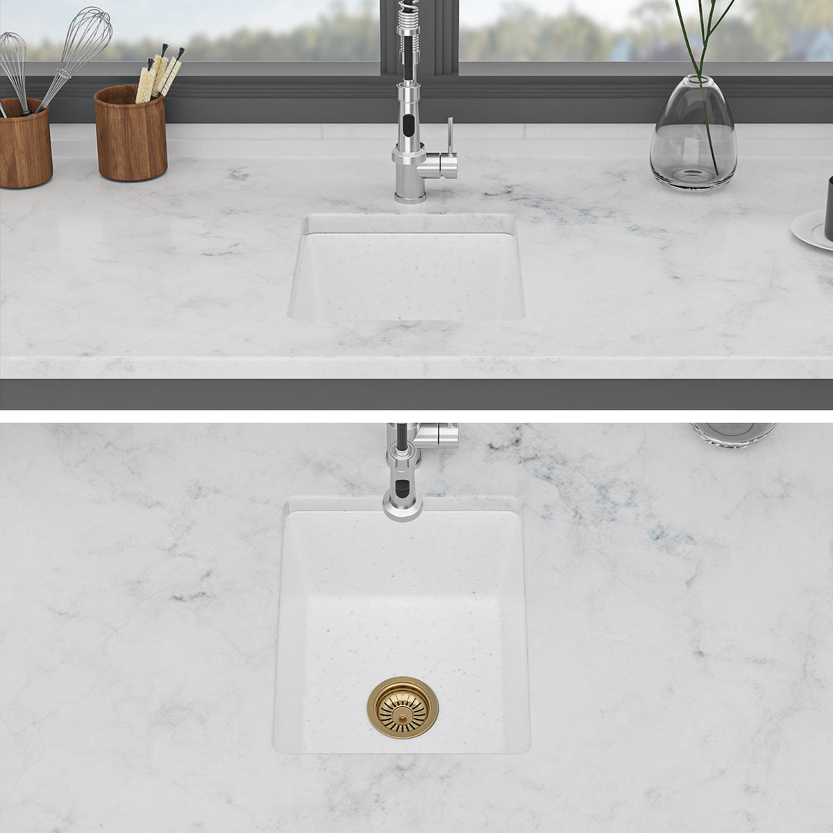 RAINLEX White Quartz Composite Undermount Kitchen Sink, Single Bowl Granite Composite Prep Sink