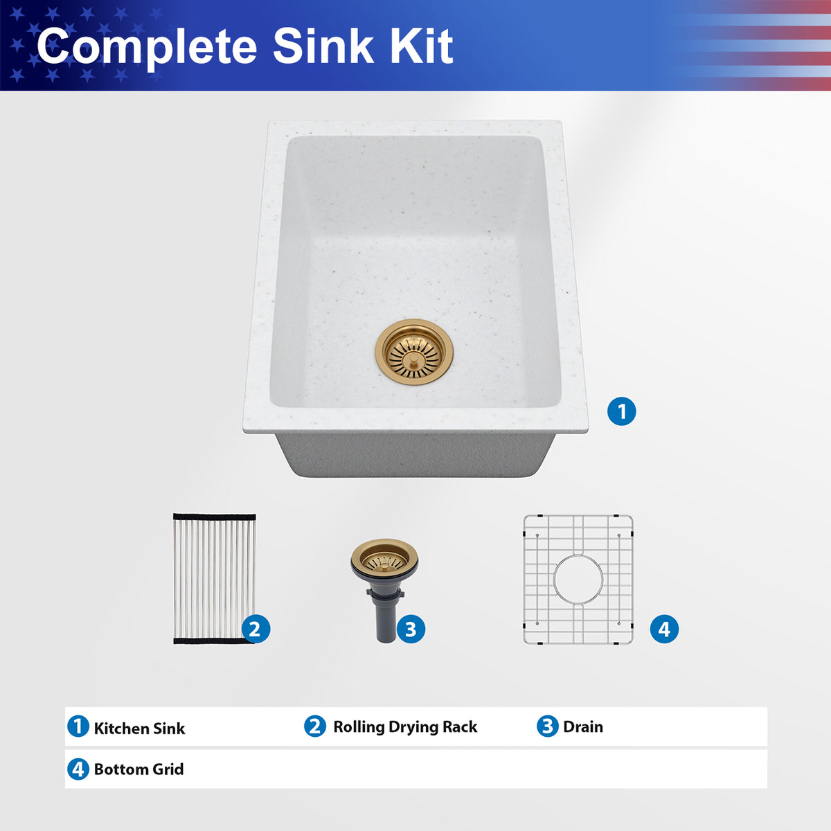 RAINLEX White Quartz Composite Undermount Kitchen Sink, Single Bowl Granite Composite Prep Sink