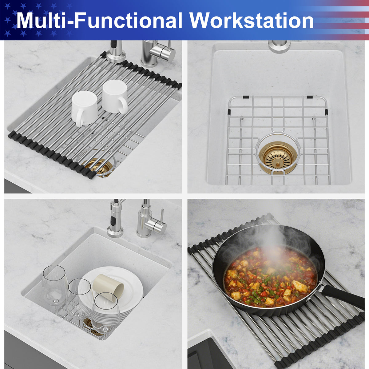 RAINLEX White Quartz Composite Undermount Kitchen Sink, Single Bowl Granite Composite Prep Sink