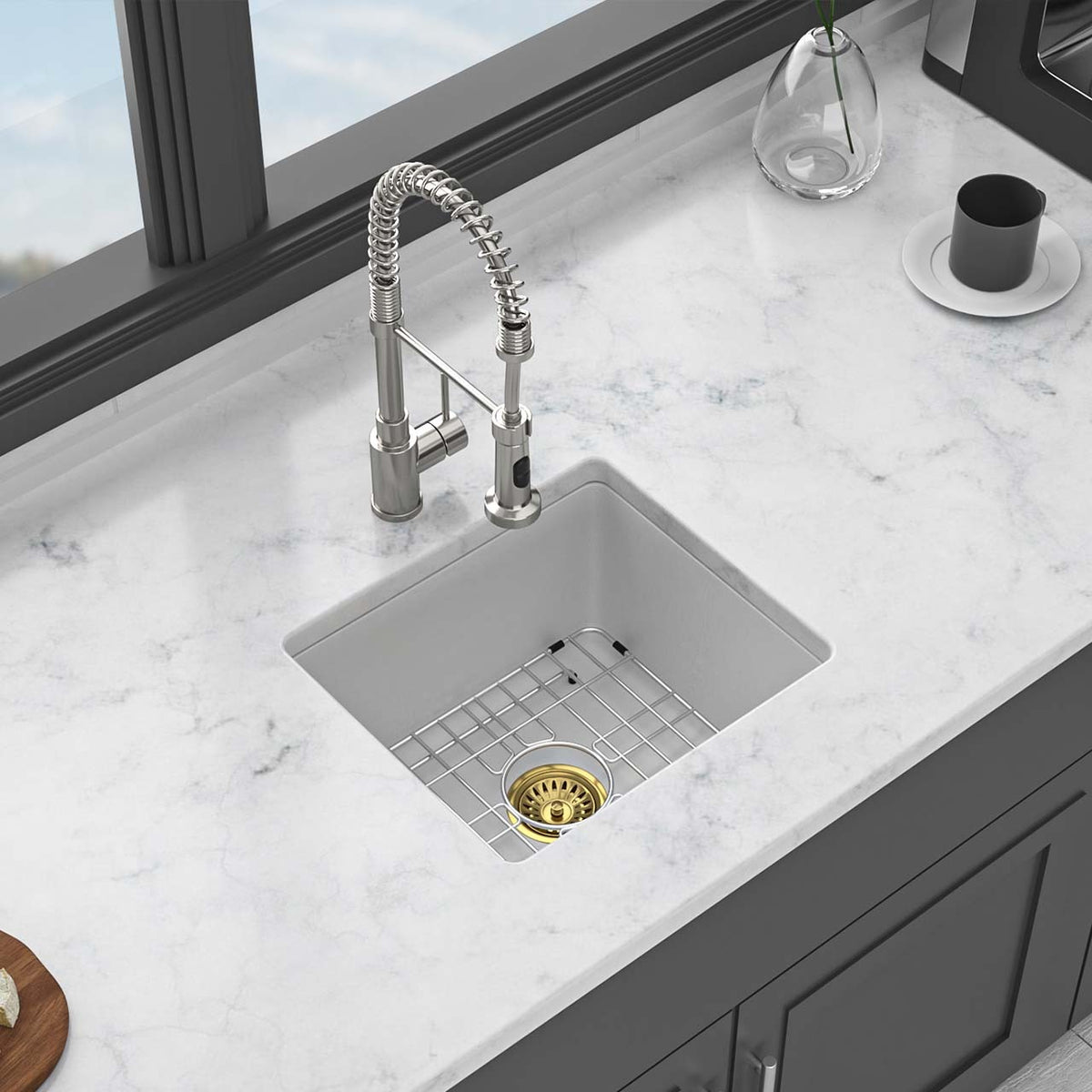 RAINLEX White Quartz Composite Undermount Kitchen Sink, Single Bowl Granite Composite Prep Sink