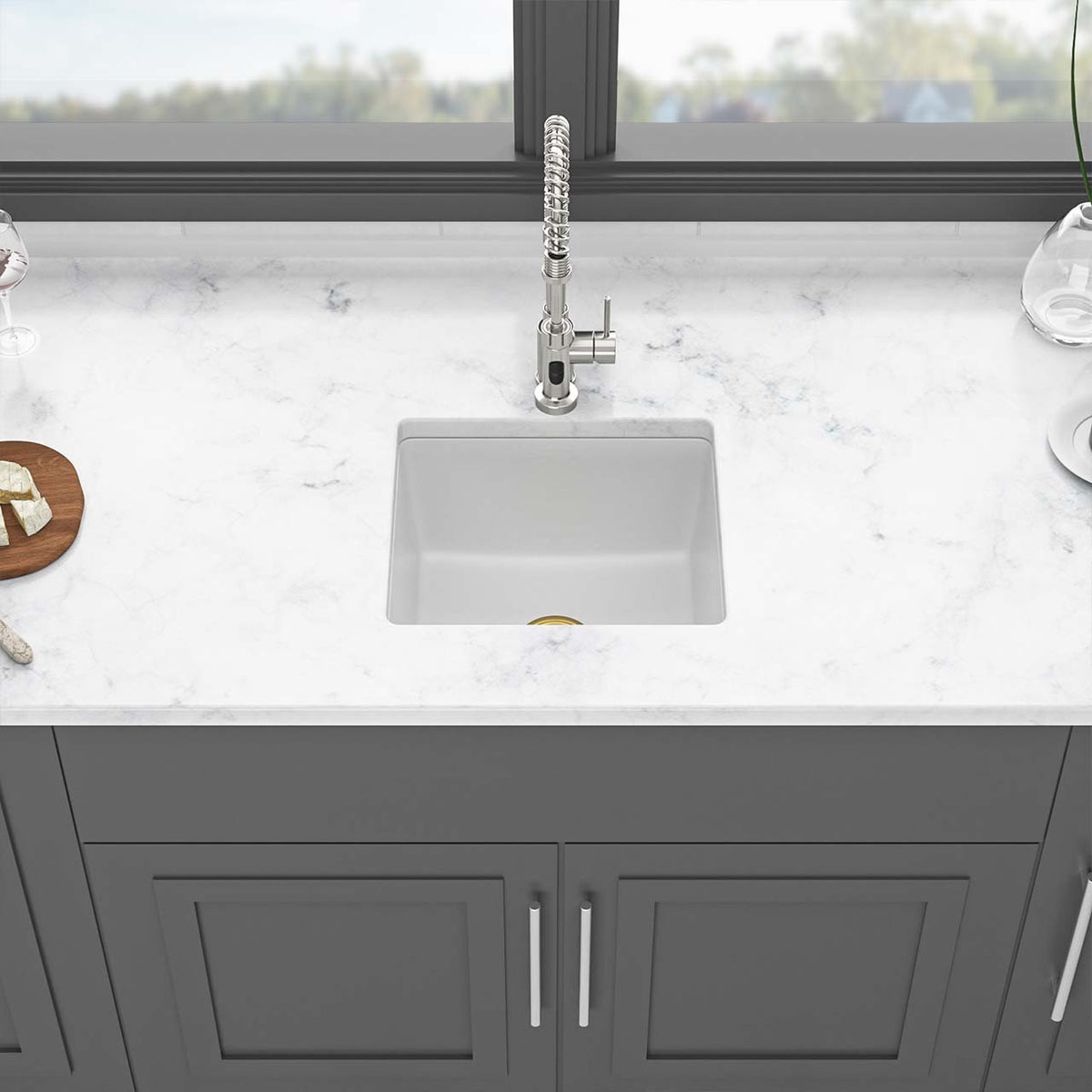 RAINLEX White Quartz Composite Undermount Kitchen Sink, Single Bowl Granite Composite Prep Sink