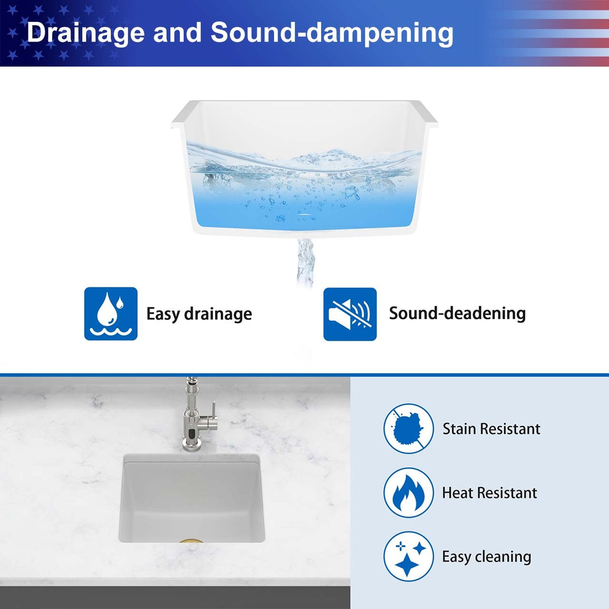 RAINLEX White Quartz Composite Undermount Kitchen Sink, Single Bowl Granite Composite Prep Sink