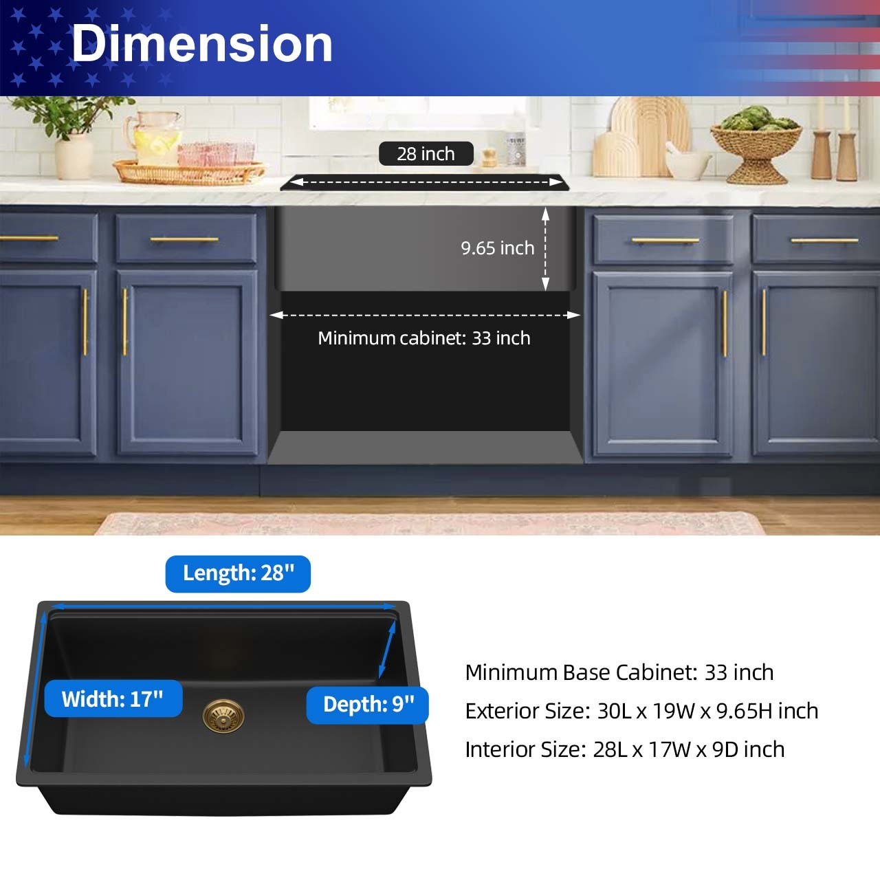 30" Undermount Single Bowl Quartz Composite Workstation Sink, Black