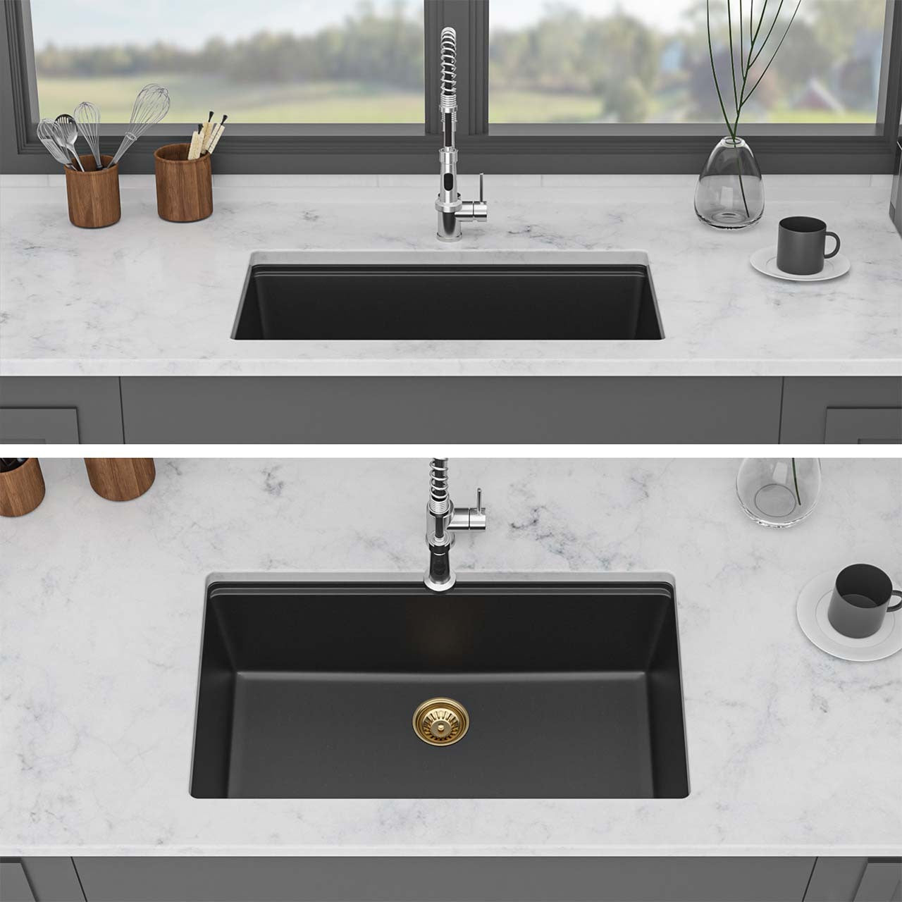 30" Undermount Single Bowl Quartz Composite Workstation Sink, Black