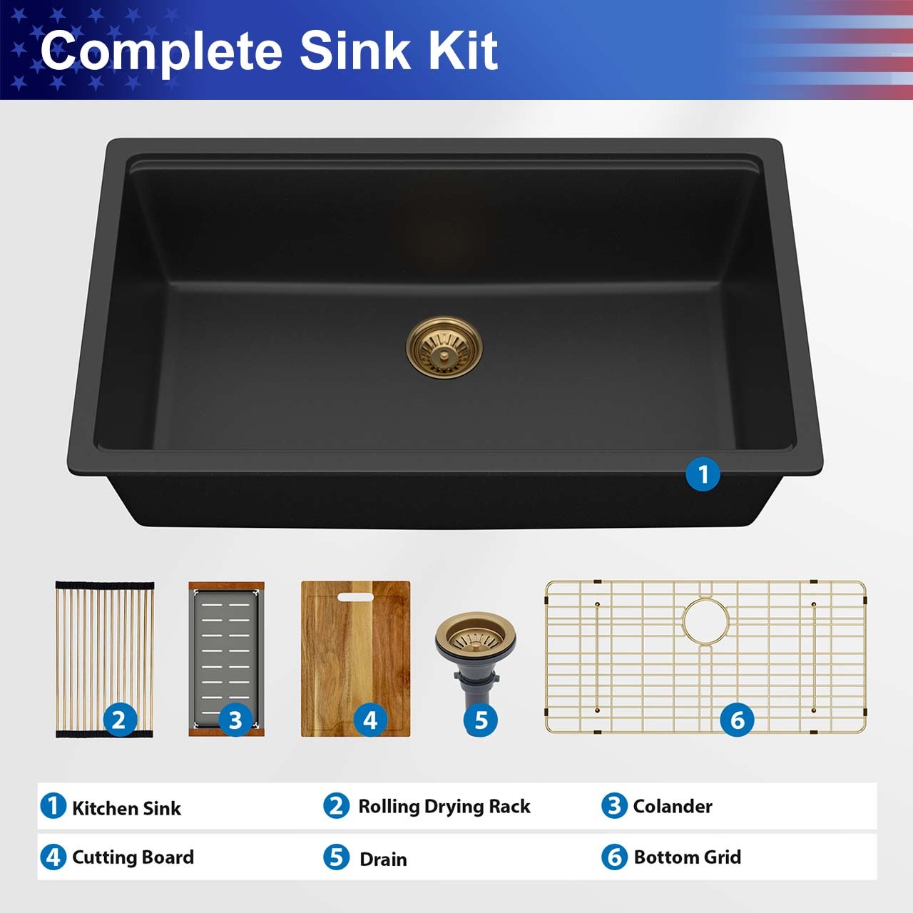 30" Undermount Single Bowl Quartz Composite Workstation Sink, Black