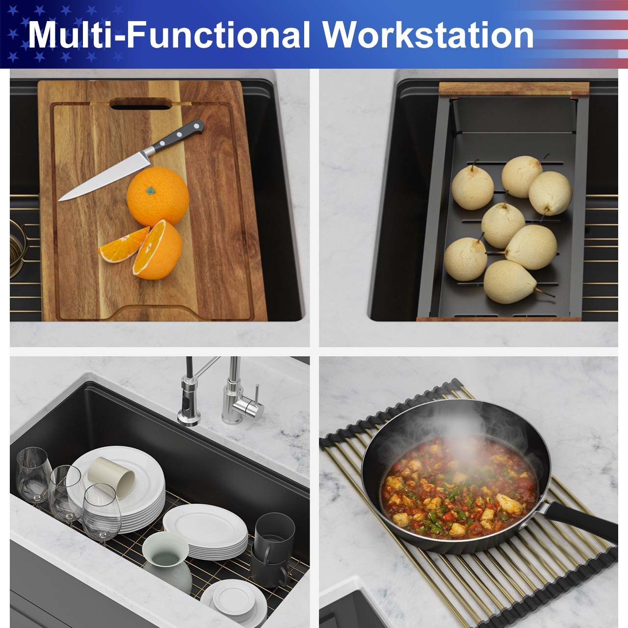 30" Undermount Single Bowl Quartz Composite Workstation Sink, Black