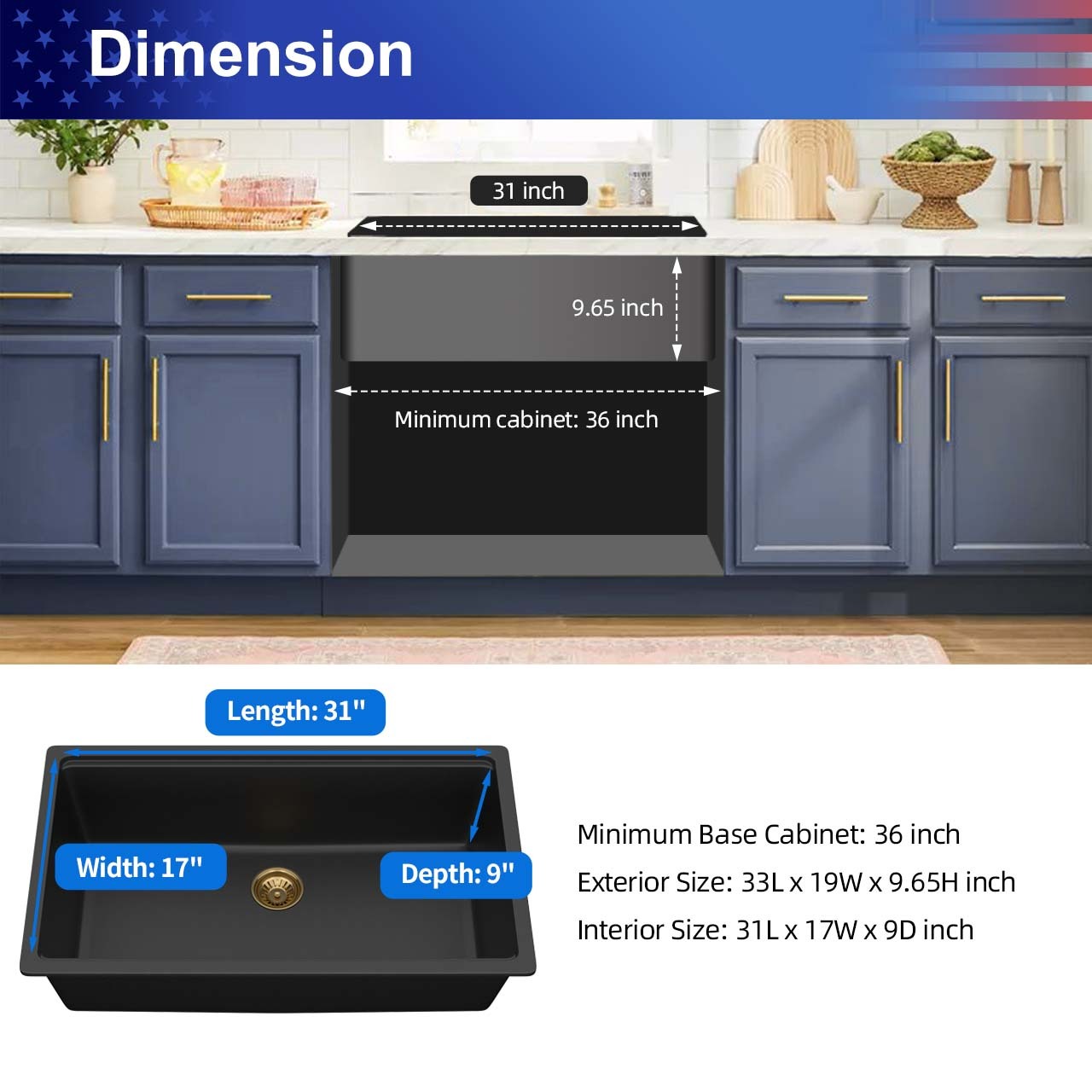 30" Undermount Single Bowl Quartz Composite Workstation Sink, Black