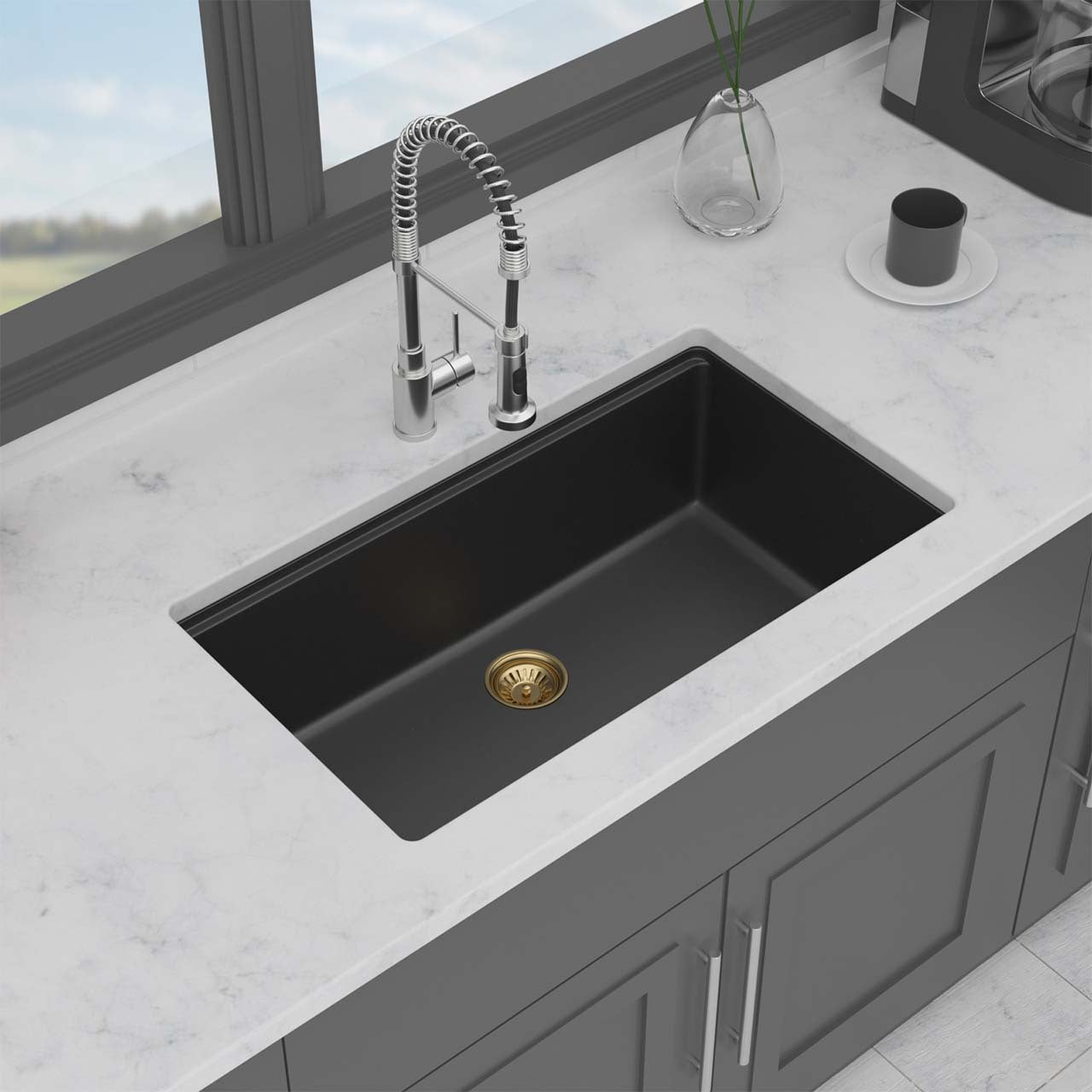 30" Undermount Single Bowl Quartz Composite Workstation Sink, Black