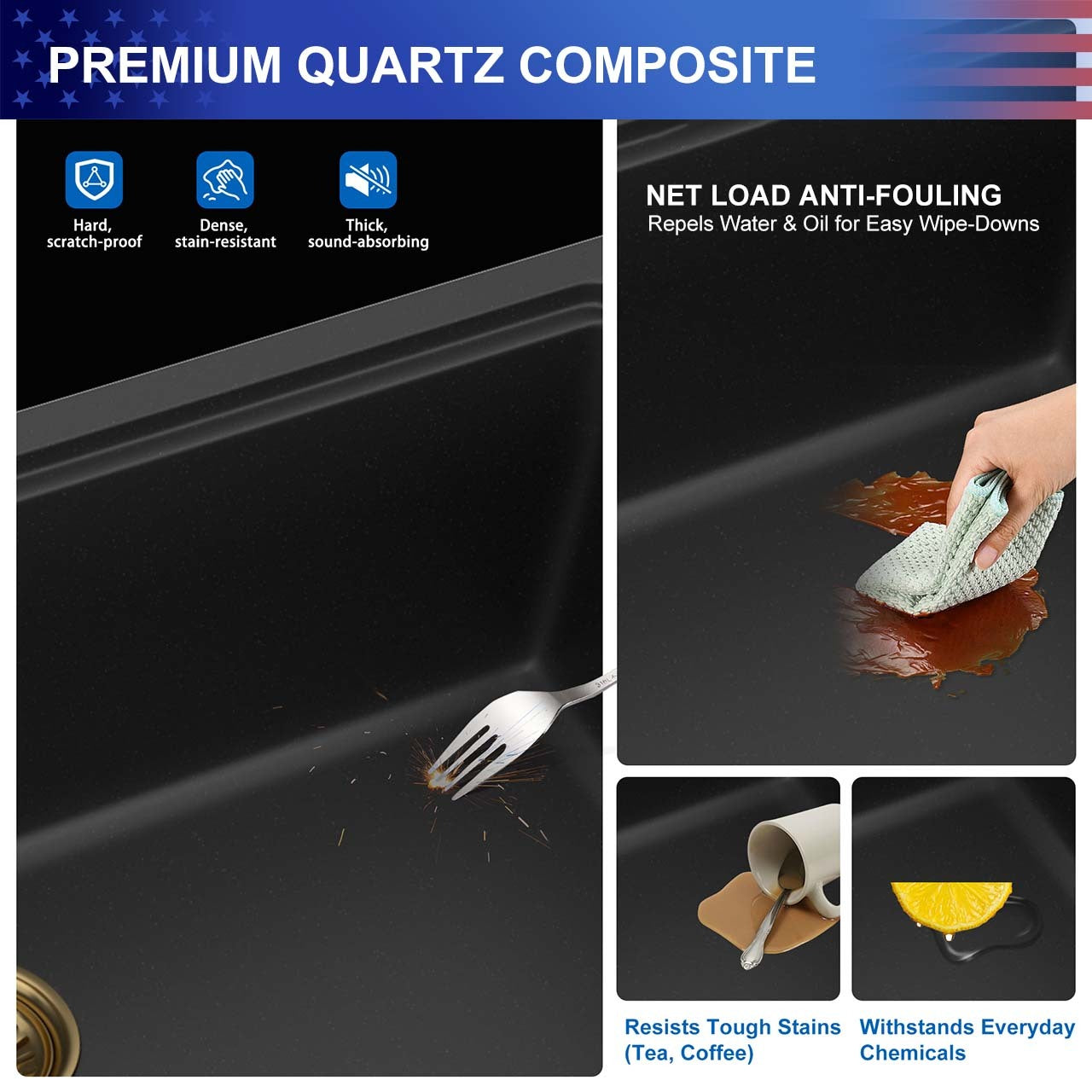 30" Undermount Single Bowl Quartz Composite Workstation Sink, Black