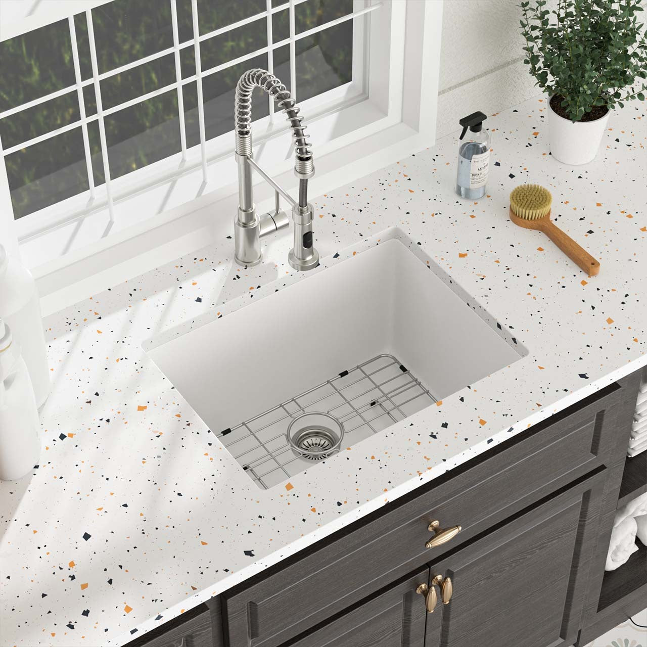 24" Undermount Single Bowl Quartz Composite Utility Sink, White