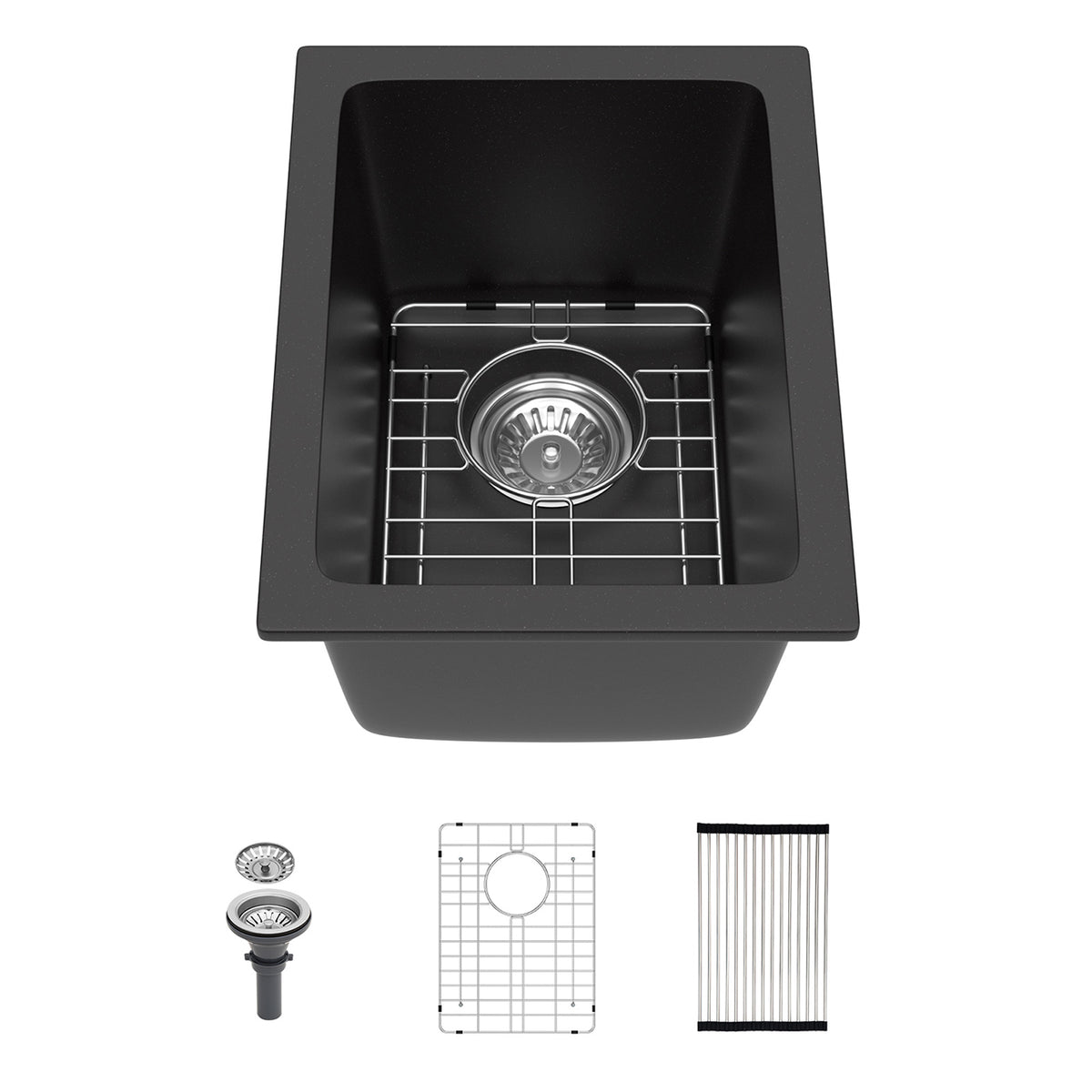 Black Quartz Composite Undermount Bar Sink, Single Bowl Granite Composite Prep Sink with Rear Drain