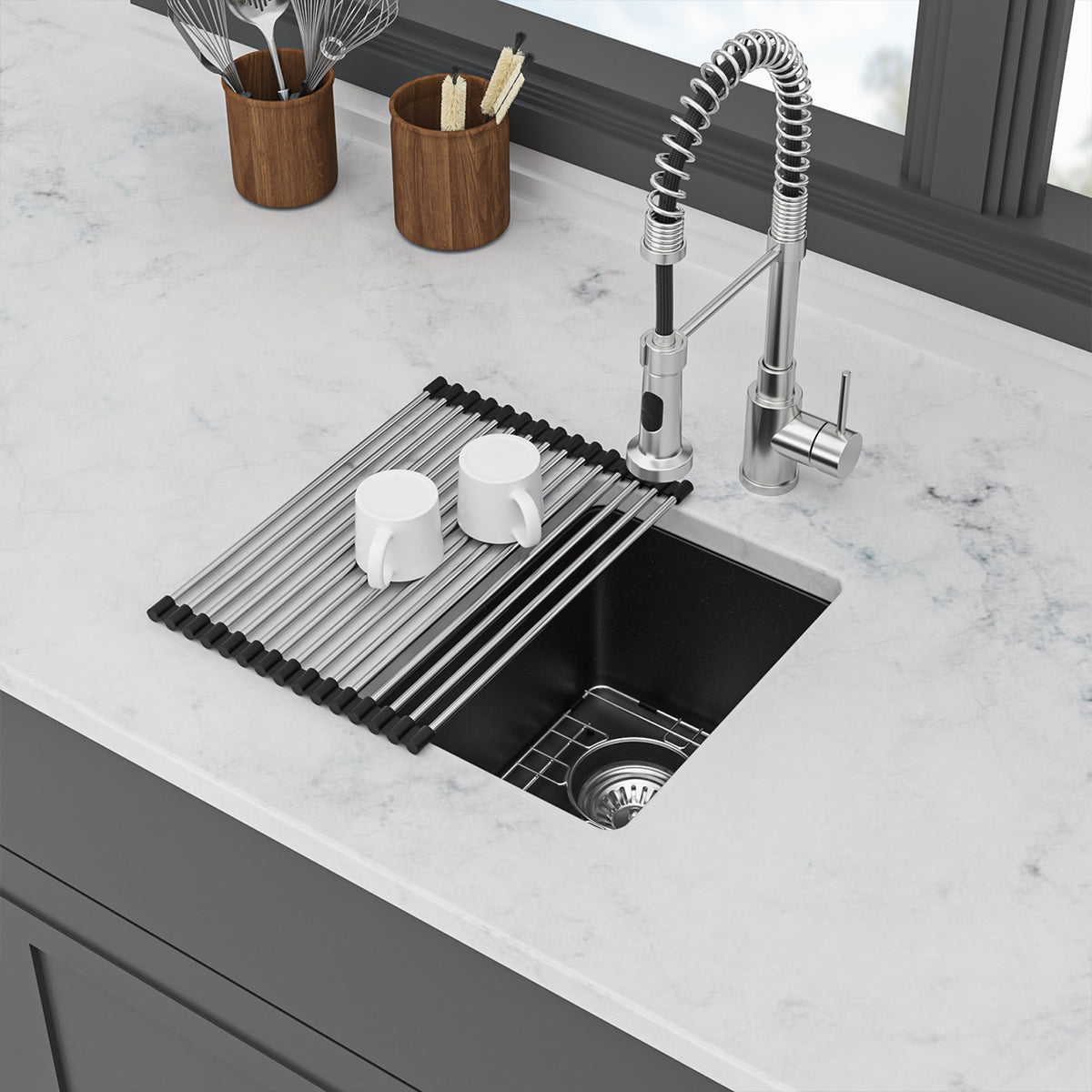 Black Quartz Composite Undermount Bar Sink, Single Bowl Granite Composite Prep Sink with Rear Drain