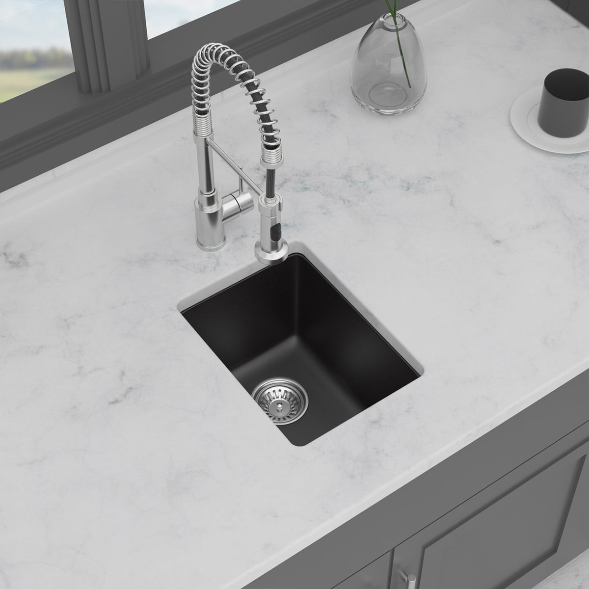 Black Quartz Composite Undermount Bar Sink, Single Bowl Granite Composite Prep Sink with Rear Drain