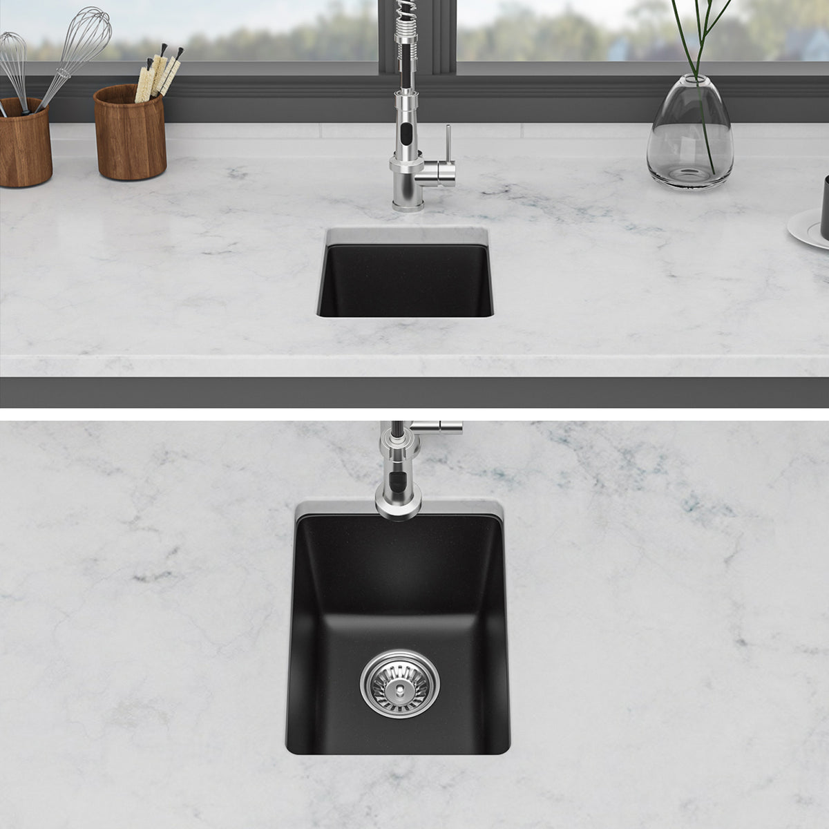 Black Quartz Composite Undermount Bar Sink, Single Bowl Granite Composite Prep Sink with Rear Drain