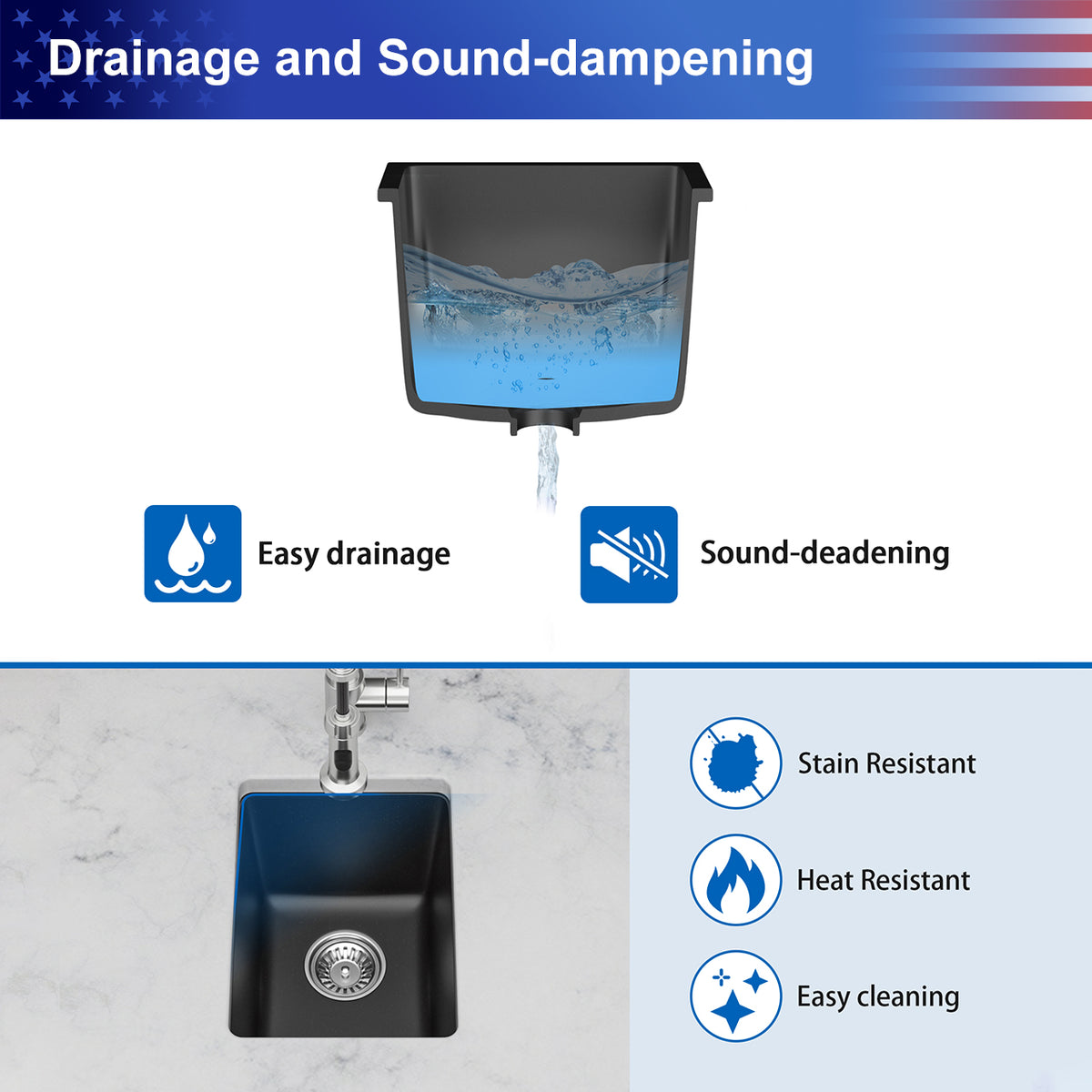 Black Quartz Composite Undermount Bar Sink, Single Bowl Granite Composite Prep Sink with Rear Drain