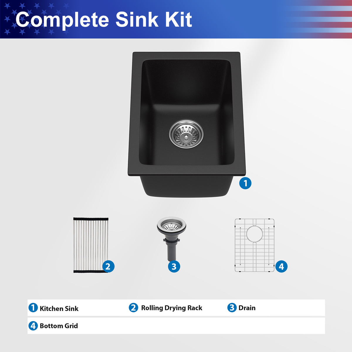 Black Quartz Composite Undermount Bar Sink, Single Bowl Granite Composite Prep Sink with Rear Drain