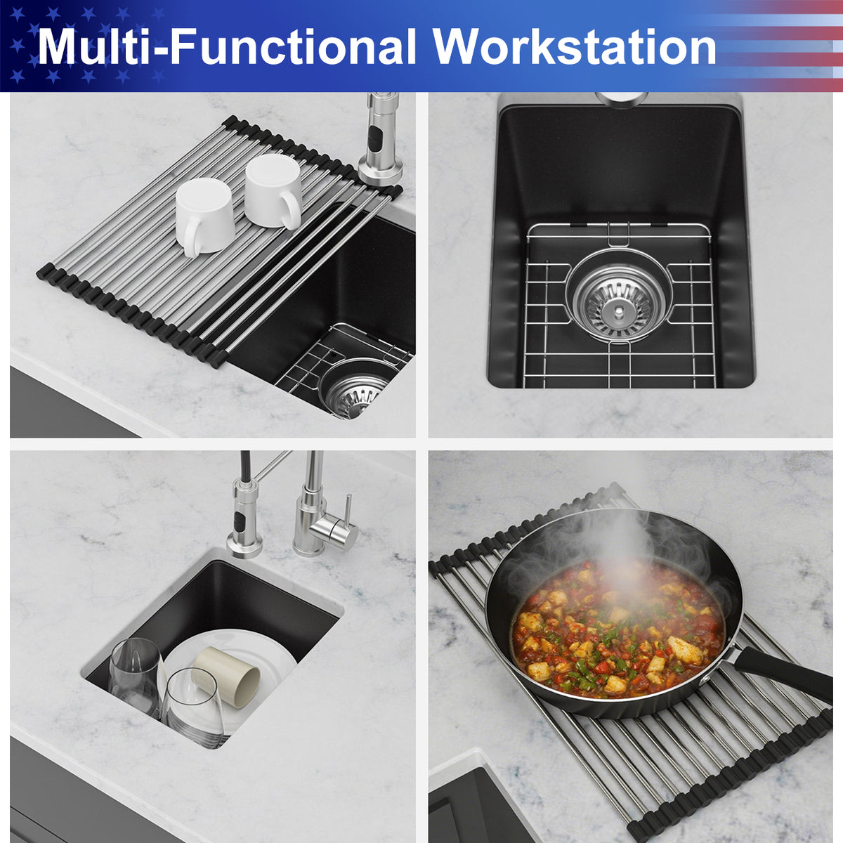 Black Quartz Composite Undermount Bar Sink, Single Bowl Granite Composite Prep Sink with Rear Drain