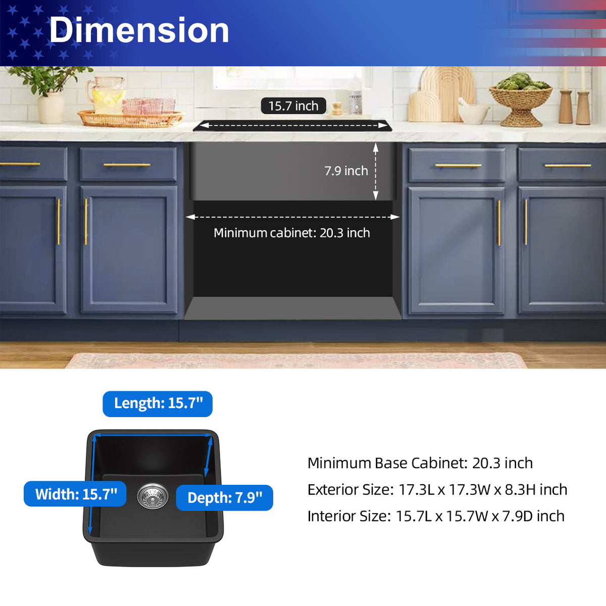 Black Quartz Composite Undermount Bar Sink, Single Bowl Granite Composite Prep Sink with Rear Drain