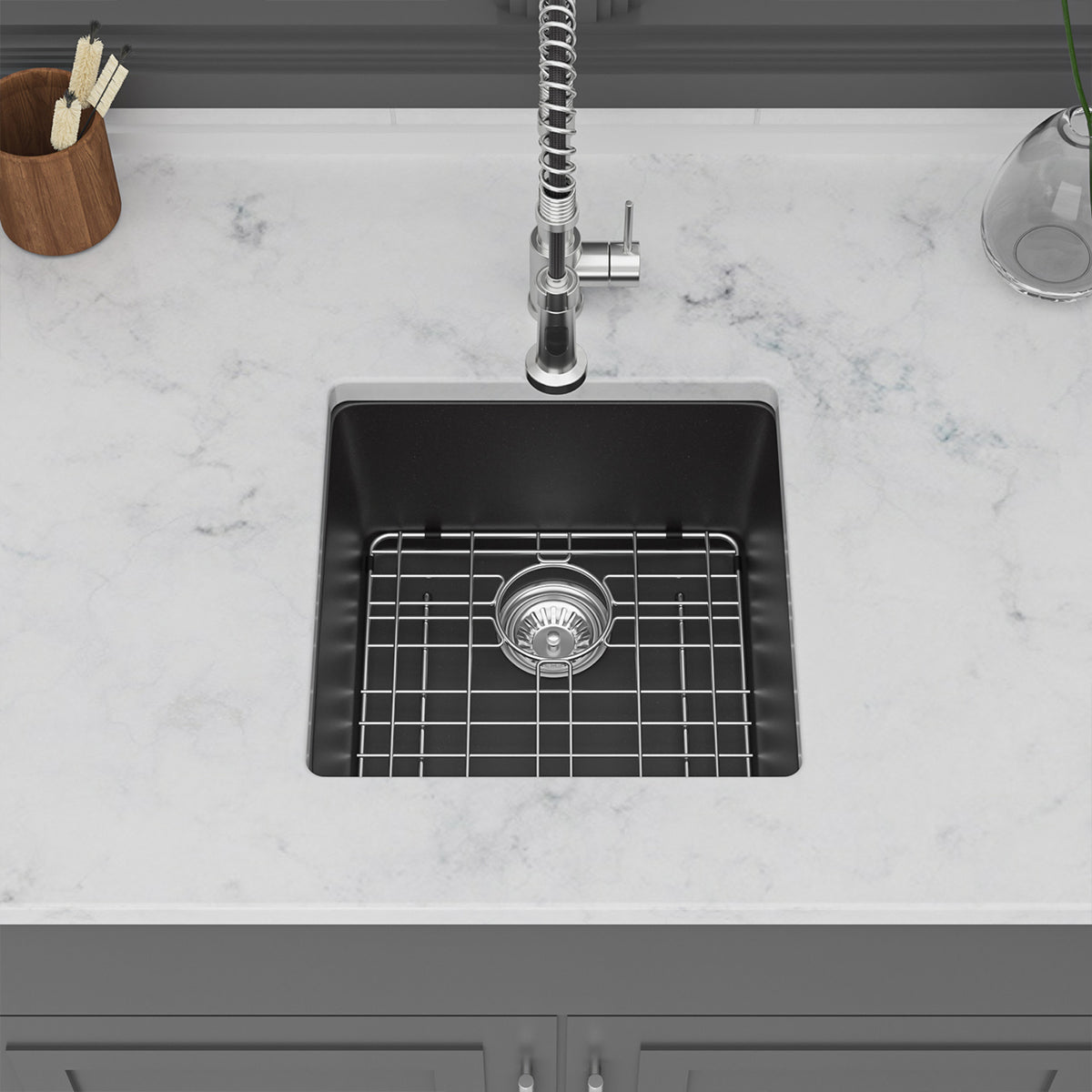 Black Quartz Composite Undermount Bar Sink, Single Bowl Granite Composite Prep Sink with Rear Drain