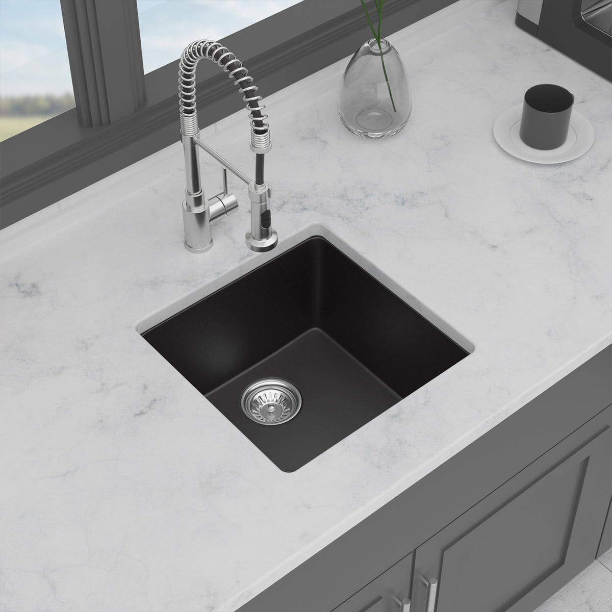 Black Quartz Composite Undermount Bar Sink, Single Bowl Granite Composite Prep Sink with Rear Drain